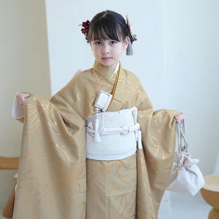 レンタル 七五三 着物 7歳 ひよこ商店 古典柄 レトロ 四つ身 花 茶系