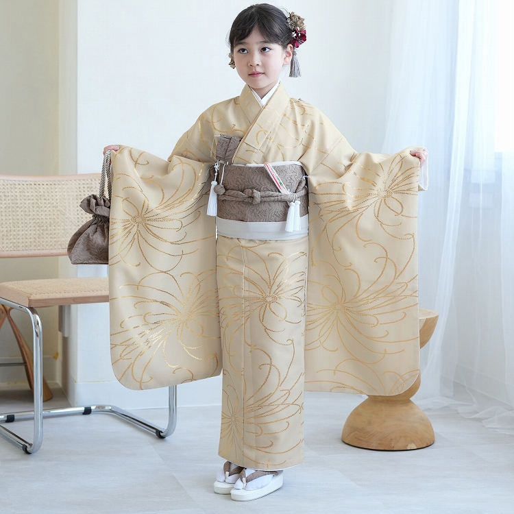 レンタル 七五三 着物 7歳 ひよこ商店 古典柄 レトロ 四つ身 花 きなり