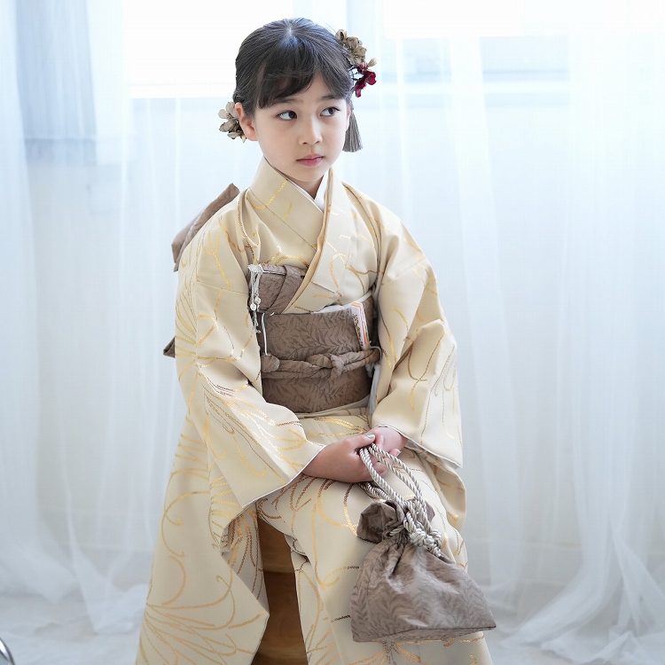 レンタル 七五三 着物 7歳 ひよこ商店 古典柄 レトロ 四つ身 花 きなり