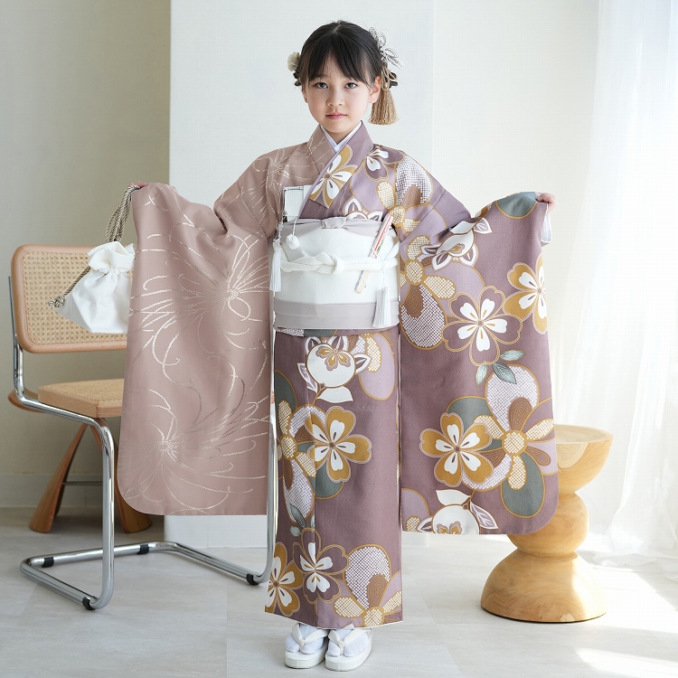 レンタル 七五三 7歳 ひよこ商店 古典柄 レトロ 着物 花 四つ身 半身