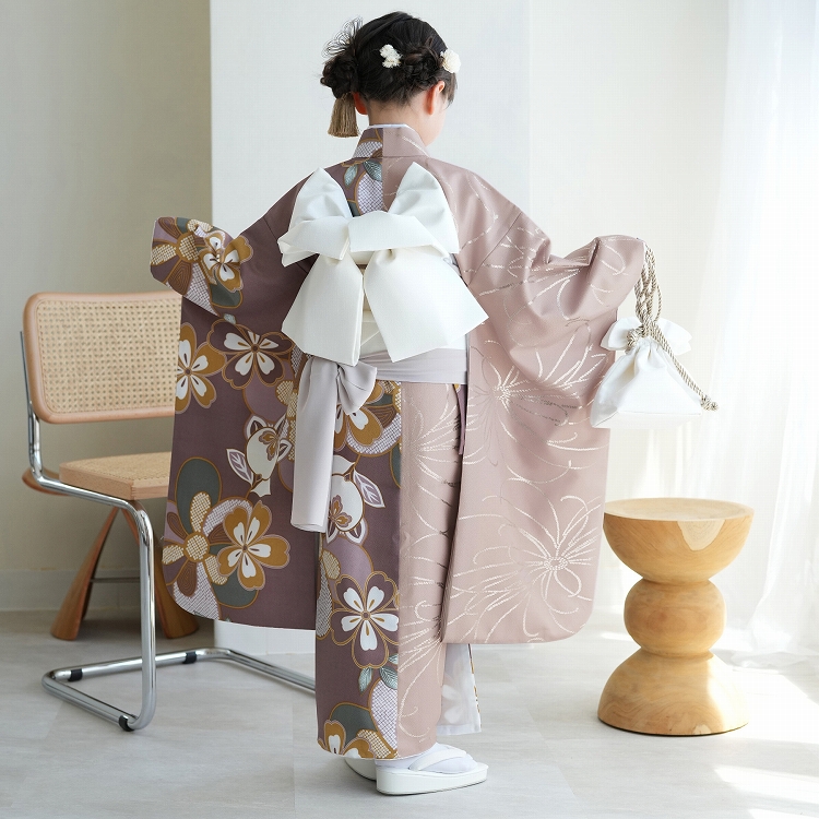 レンタル 七五三 7歳 ひよこ商店 古典柄 レトロ 着物 花 四つ身 半身