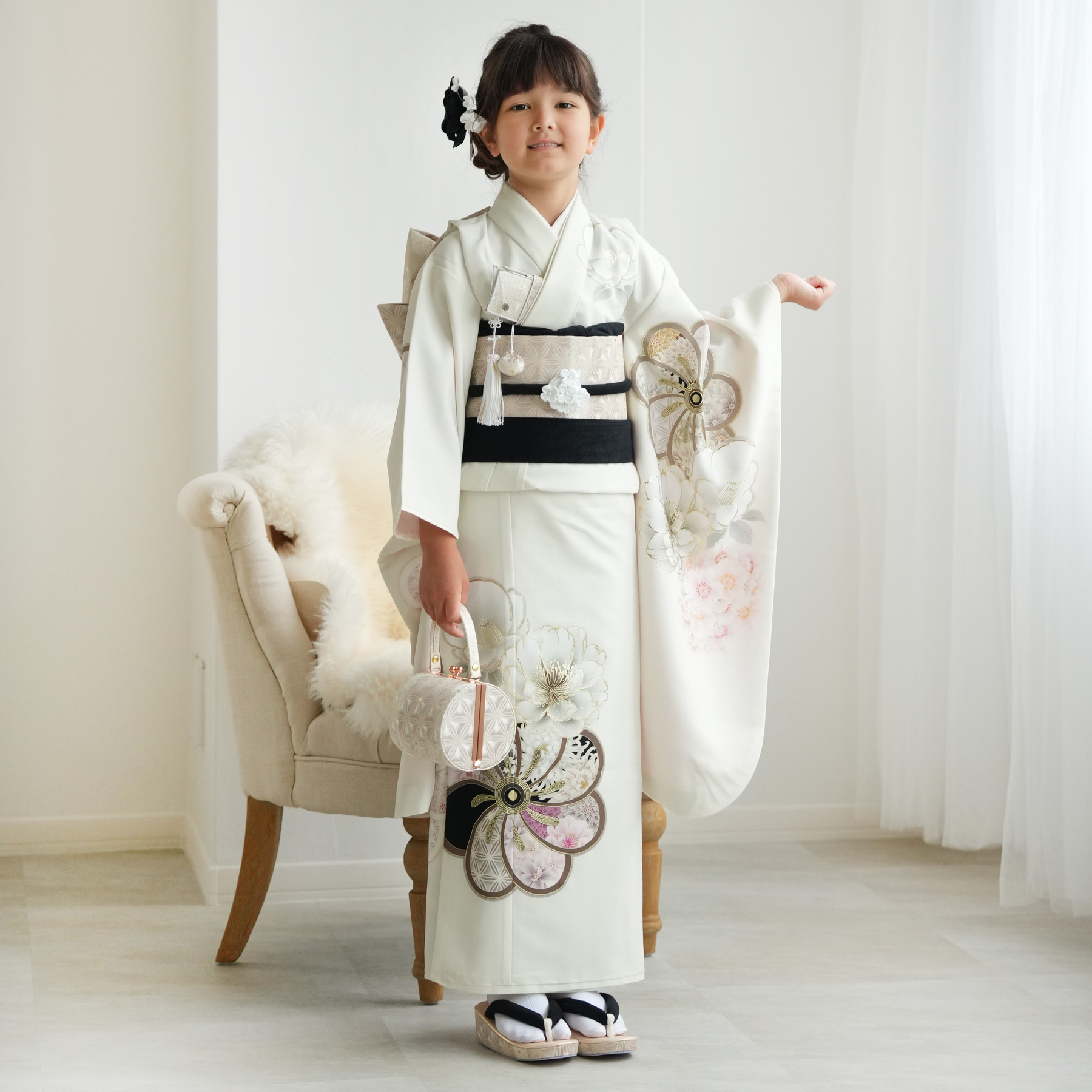 専用です☆大きな椿の花の着物と作り帯セット☆七五三７歳フルセット 七五三 7歳着物 レンタル フルセット ピンク 扇面に椿 女の子 七