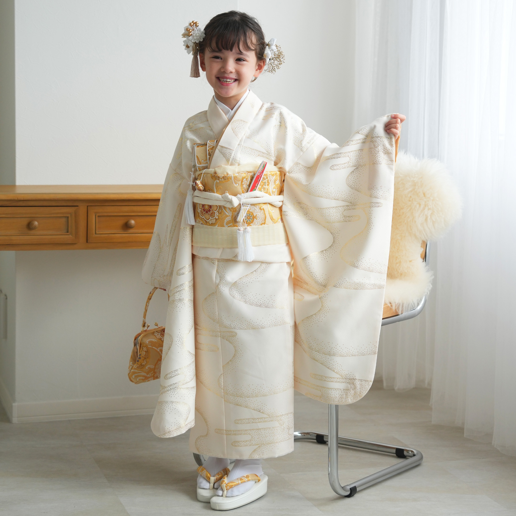レンタル 七五三 7歳 ひよこ商店 女の子 四つ身 クリーム金彩