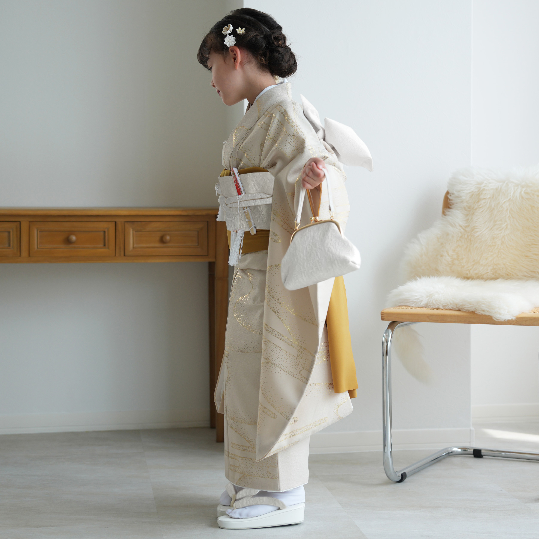 レンタル 七五三 7歳 ひよこ商店 着物 女の子 四つ身 ベージュ