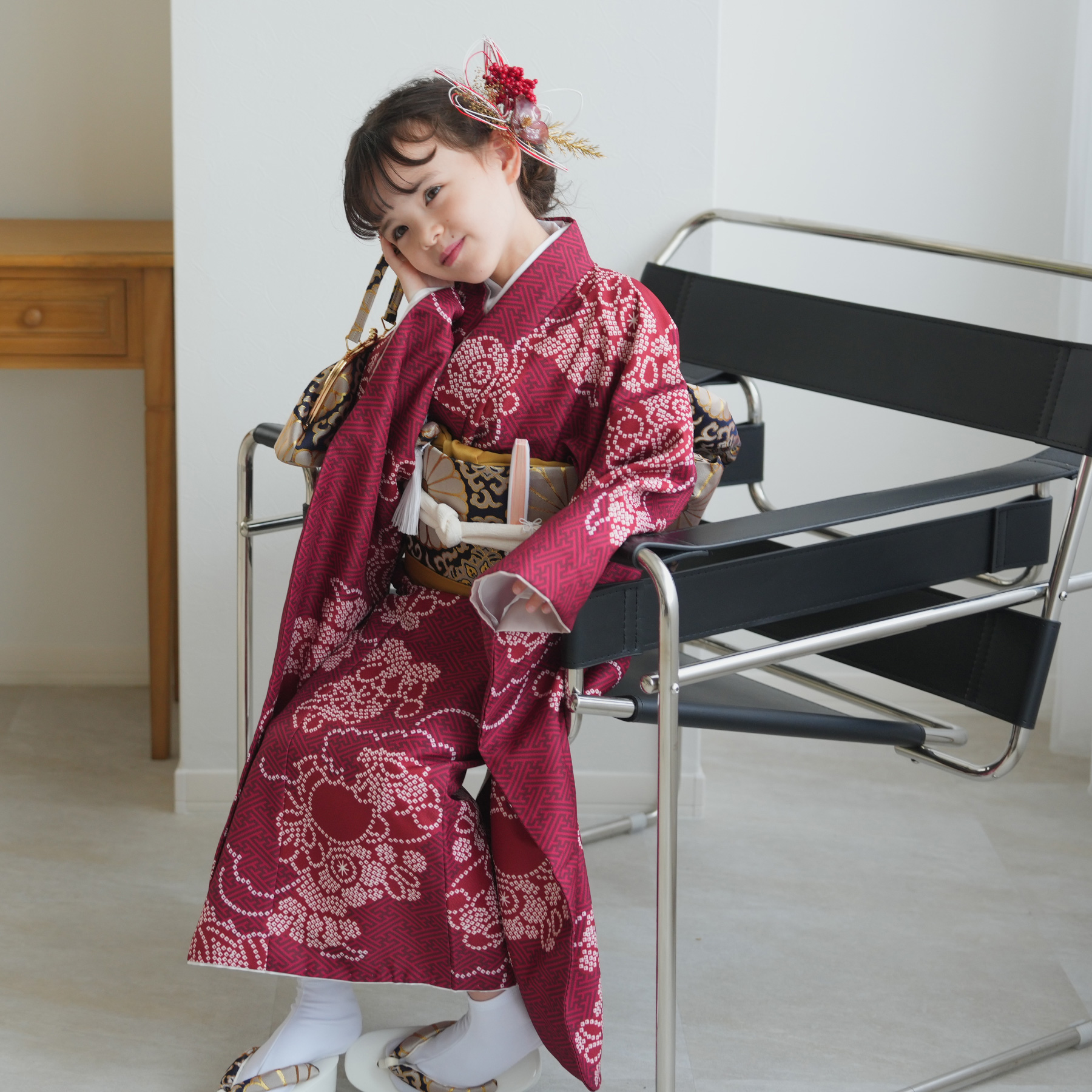 レンタル 七五三 着物 7歳 ひよこ商店 女の子 四つ身 えんじの絞り柄