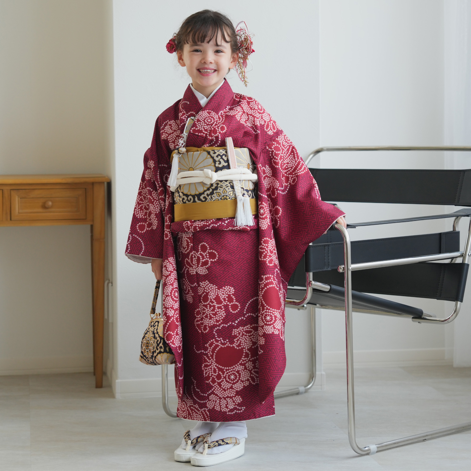 レンタル 七五三 着物 7歳 ひよこ商店 女の子 四つ身 えんじの絞り柄