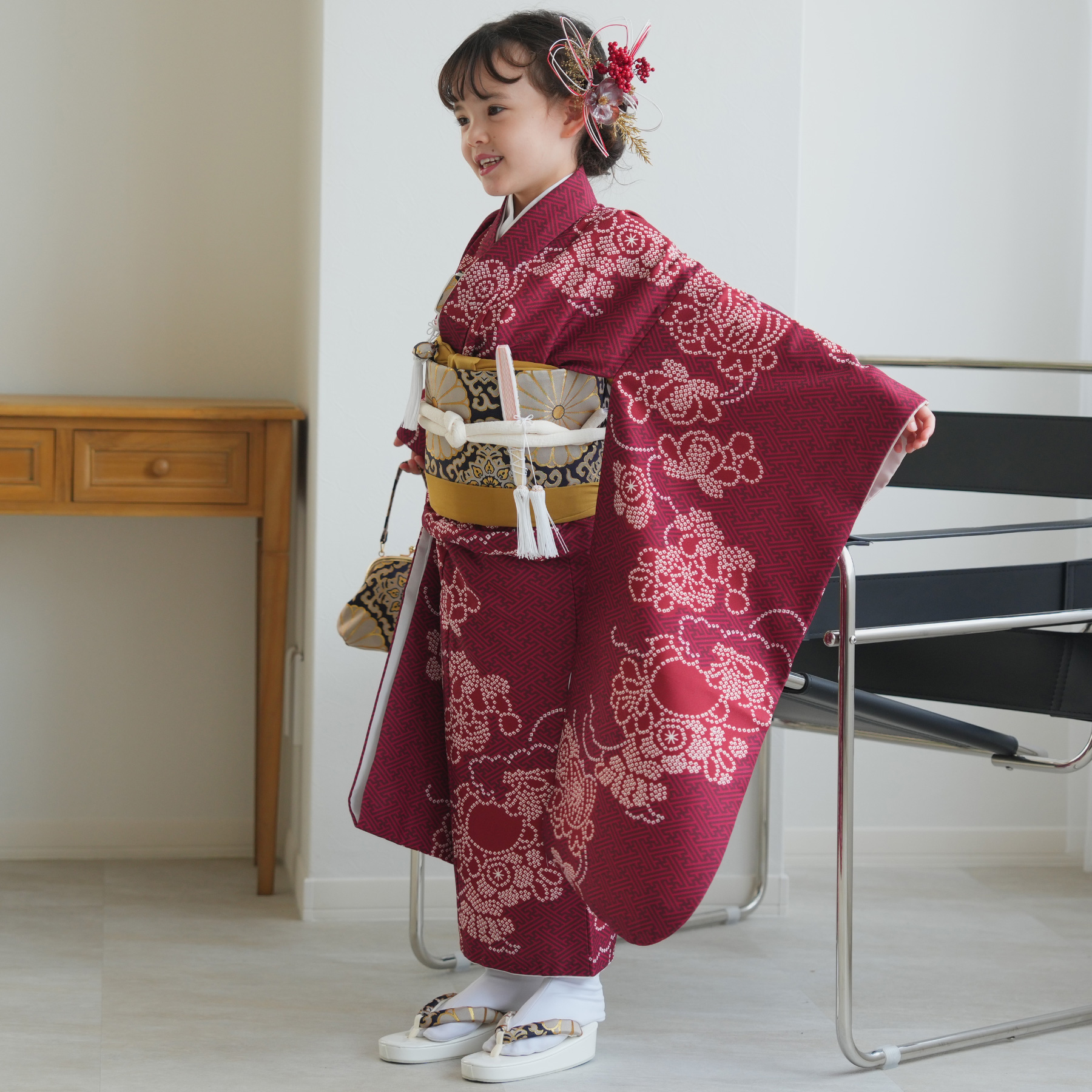 レンタル 七五三 着物 7歳 ひよこ商店 女の子 四つ身 えんじの絞り柄