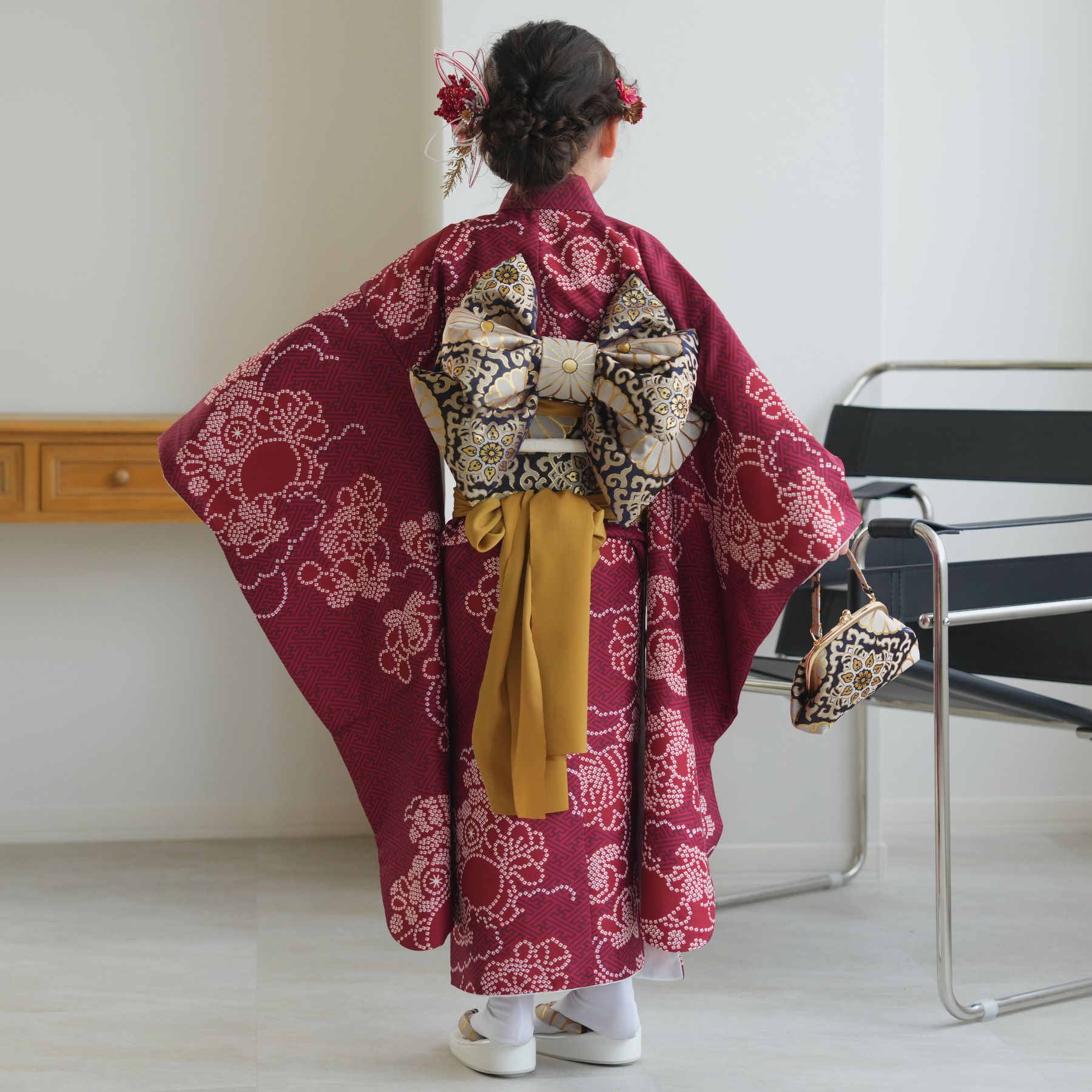 レンタル 七五三 着物 7歳 ひよこ商店 女の子 四つ身 えんじの絞り柄