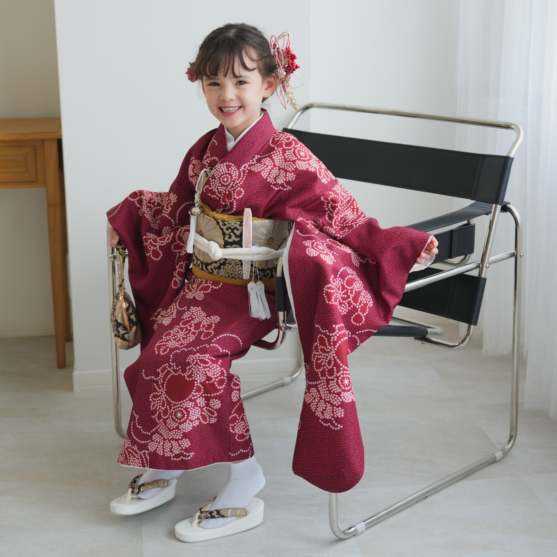 レンタル 七五三 着物 7歳 ひよこ商店 女の子 四つ身 えんじの絞り柄