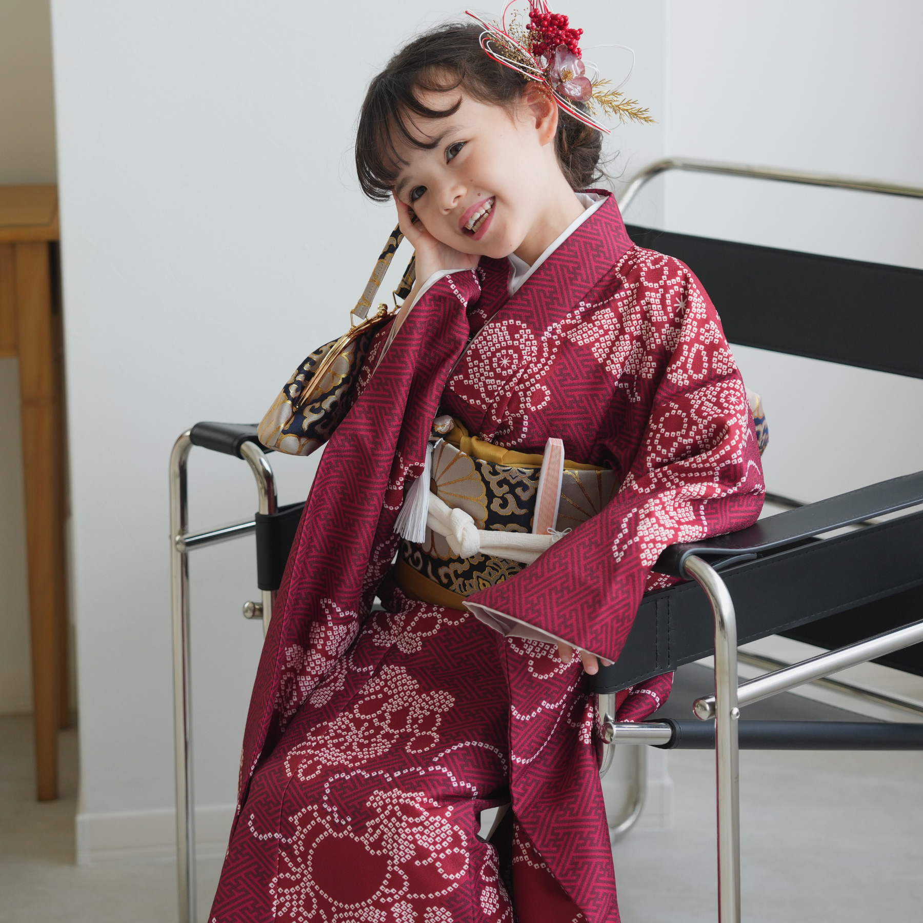 レンタル 七五三 着物 7歳 ひよこ商店 女の子 四つ身 えんじの絞り柄