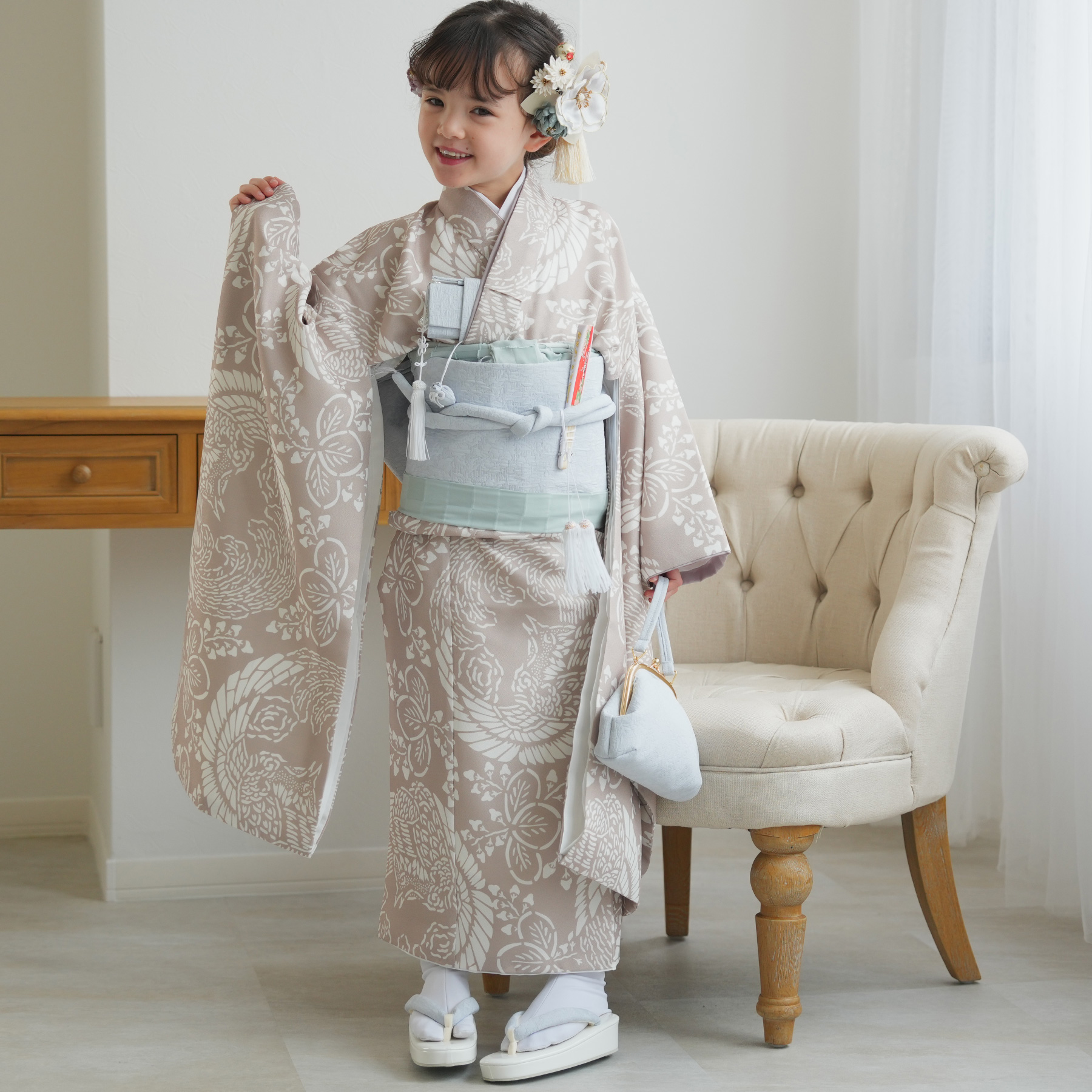 レンタル 七五三 着物 7歳 ひよこ商店 女の子 四つ身 フルセット 白茶