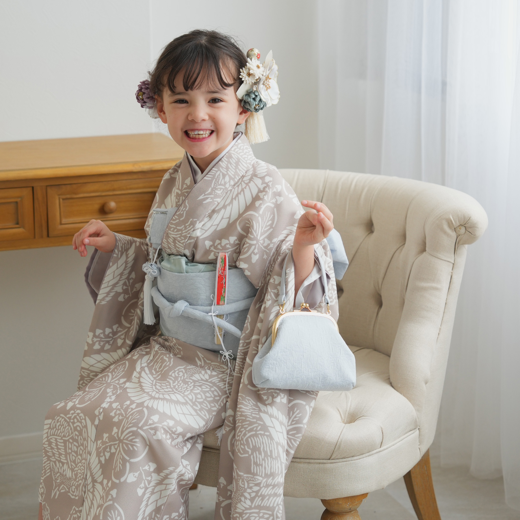 レンタル 七五三 着物 7歳 ひよこ商店 女の子 四つ身 フルセット 白茶