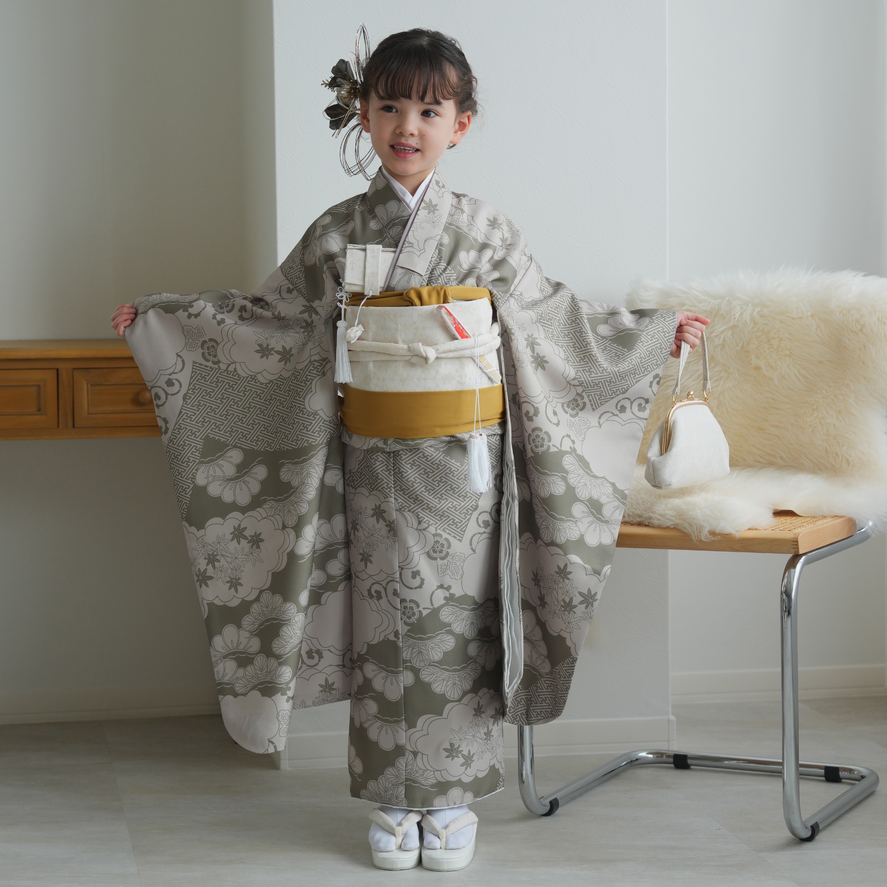 レンタル 七五三 着物 7歳 ひよこ商店 女の子 四つ身 フルセット モス