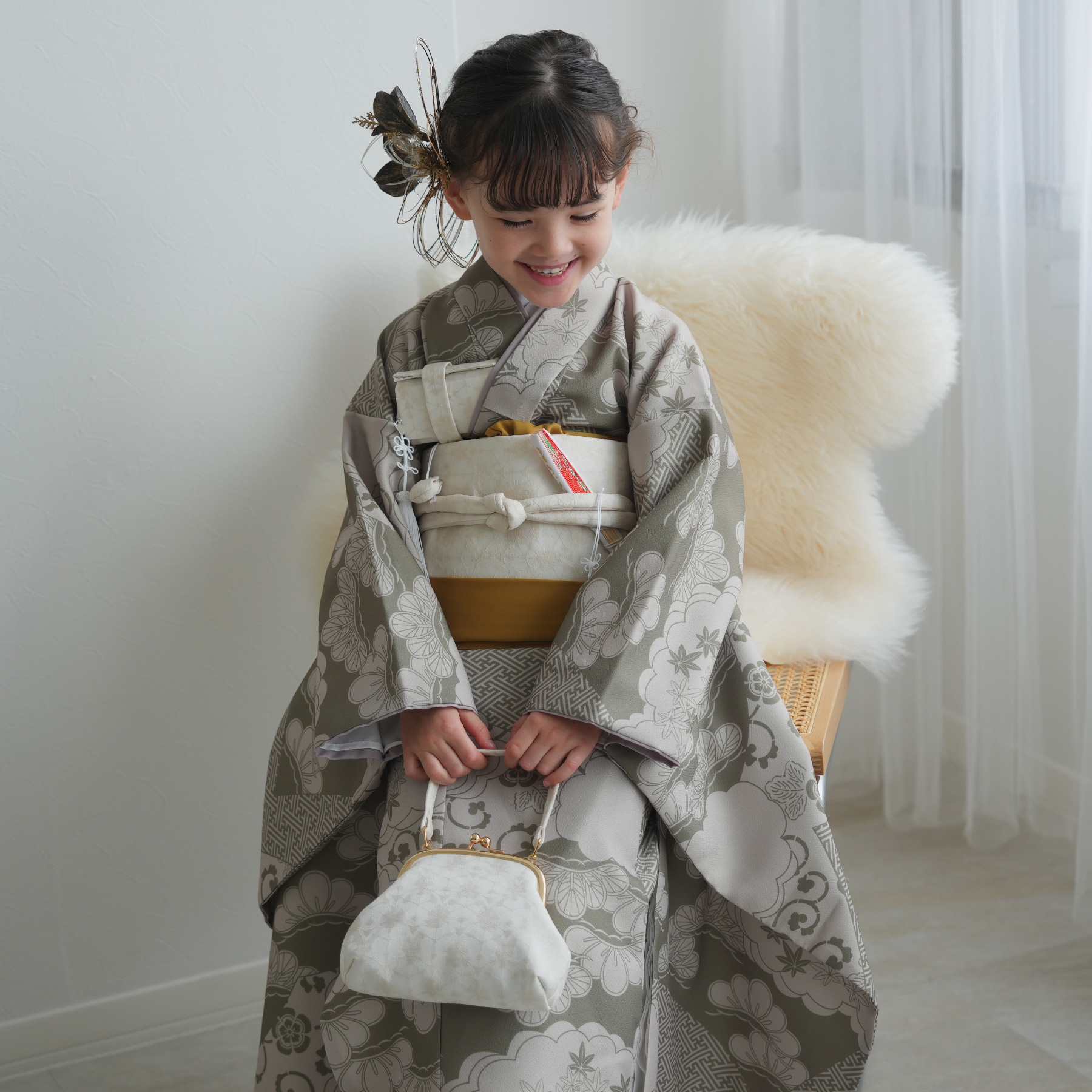 レンタル 七五三 着物 7歳 ひよこ商店 女の子 四つ身 フルセット モス