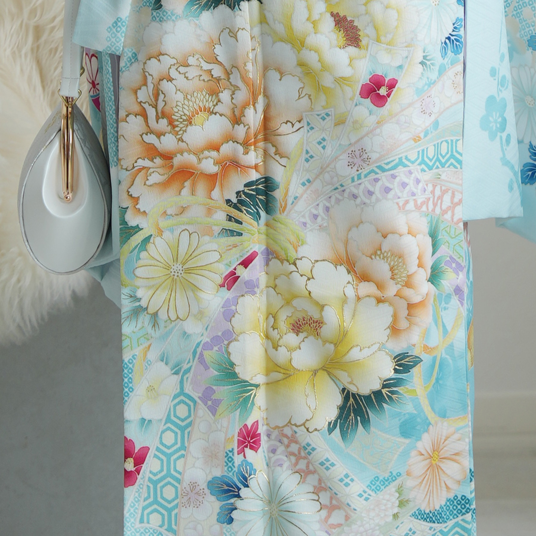 七五三 着物セット ターコイズ 花柄 レンタル 七五三 着物 7歳 753 女の子 フルセット 華徒然 絵羽 熨斗に