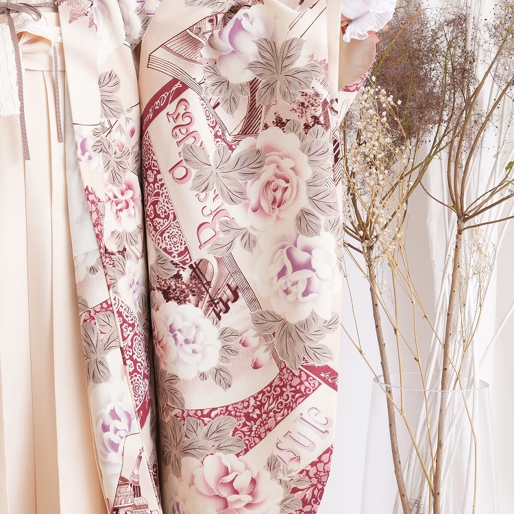 レンタル 七五三 7歳 九重 女の子 レトロ モダン 花 ベージュ系 ピンク