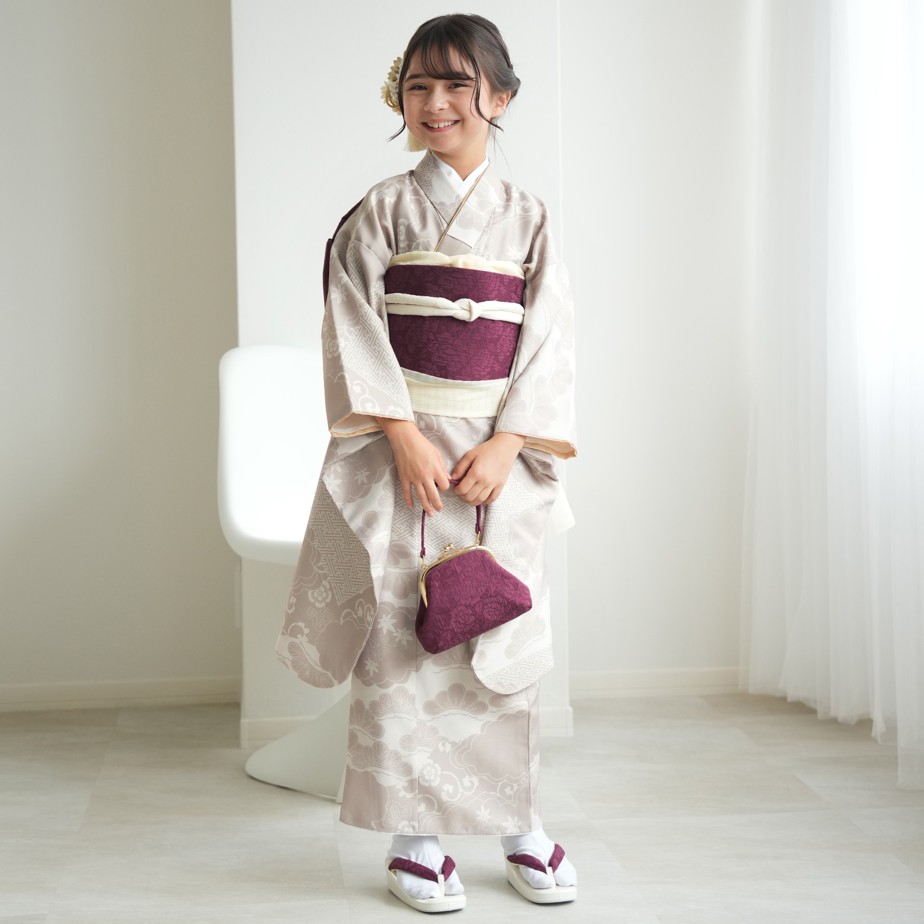レンタル 10歳 振袖セット 女の子 ひよこ商店 ベージュ松文様 ハーフ