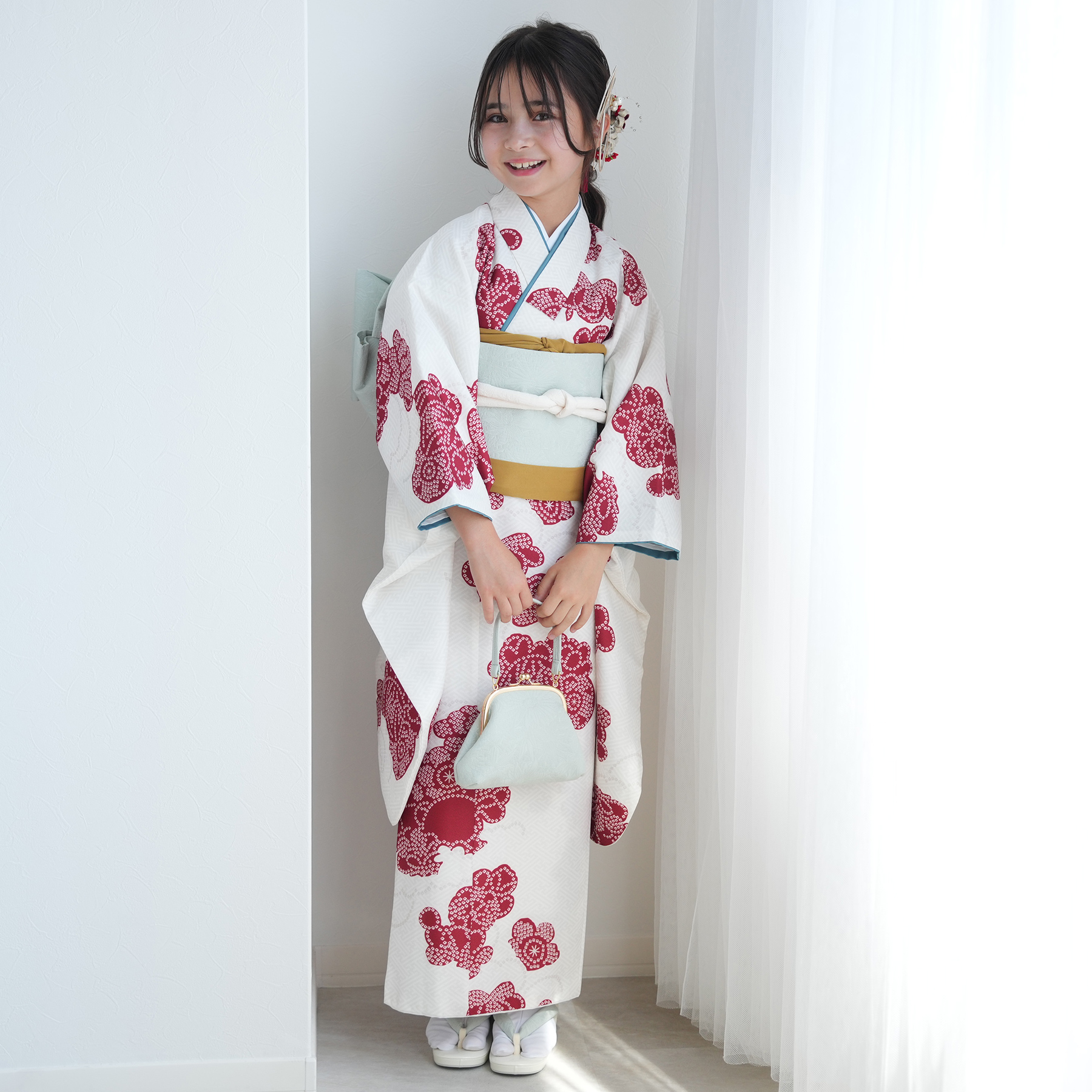 レンタル 10歳 振袖セット 女の子 ひよこ商店 白百合色に絞り柄 ハーフ