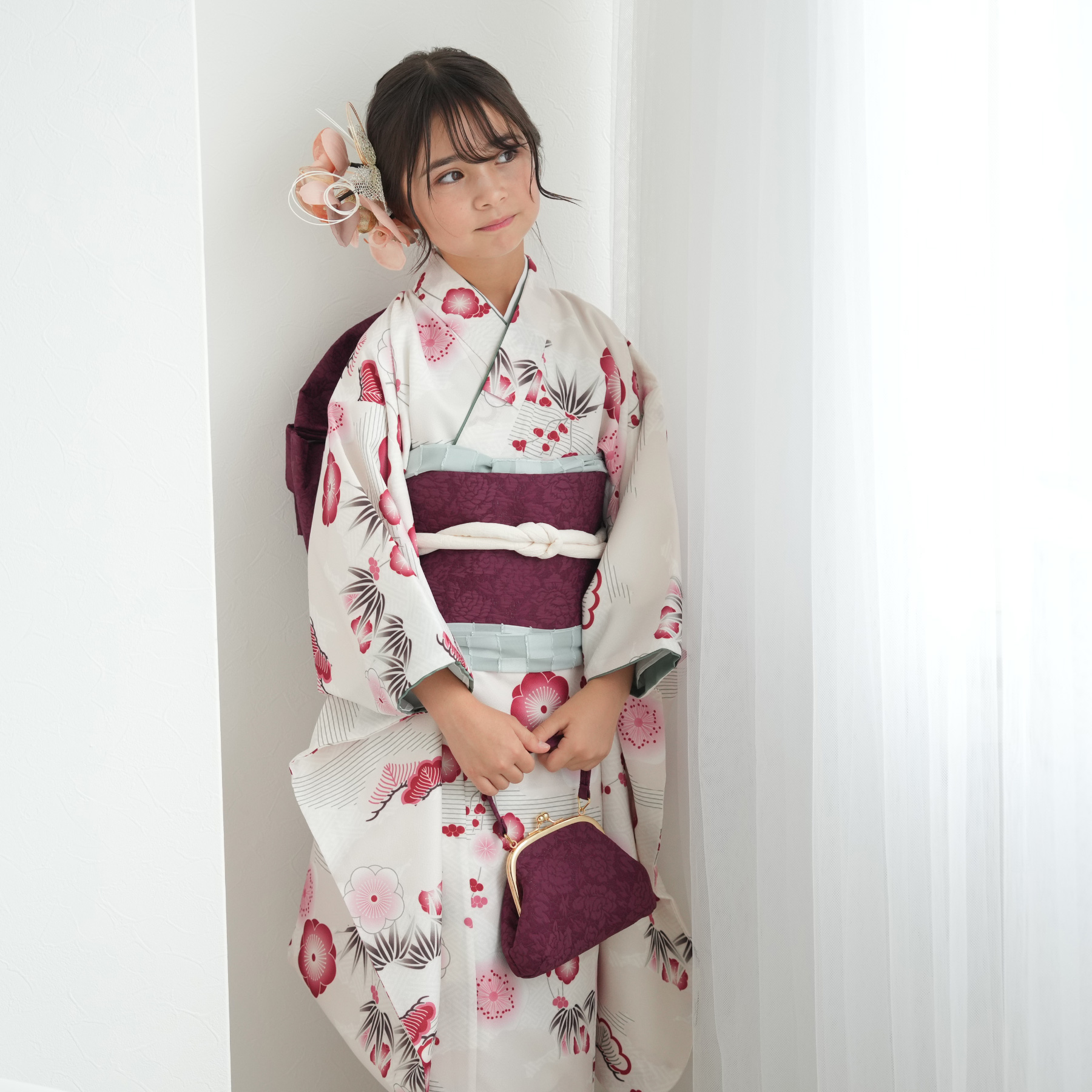 レンタル 10歳 振袖セット 女の子 ひよこ商店 元禄梅模様 白 ハーフ