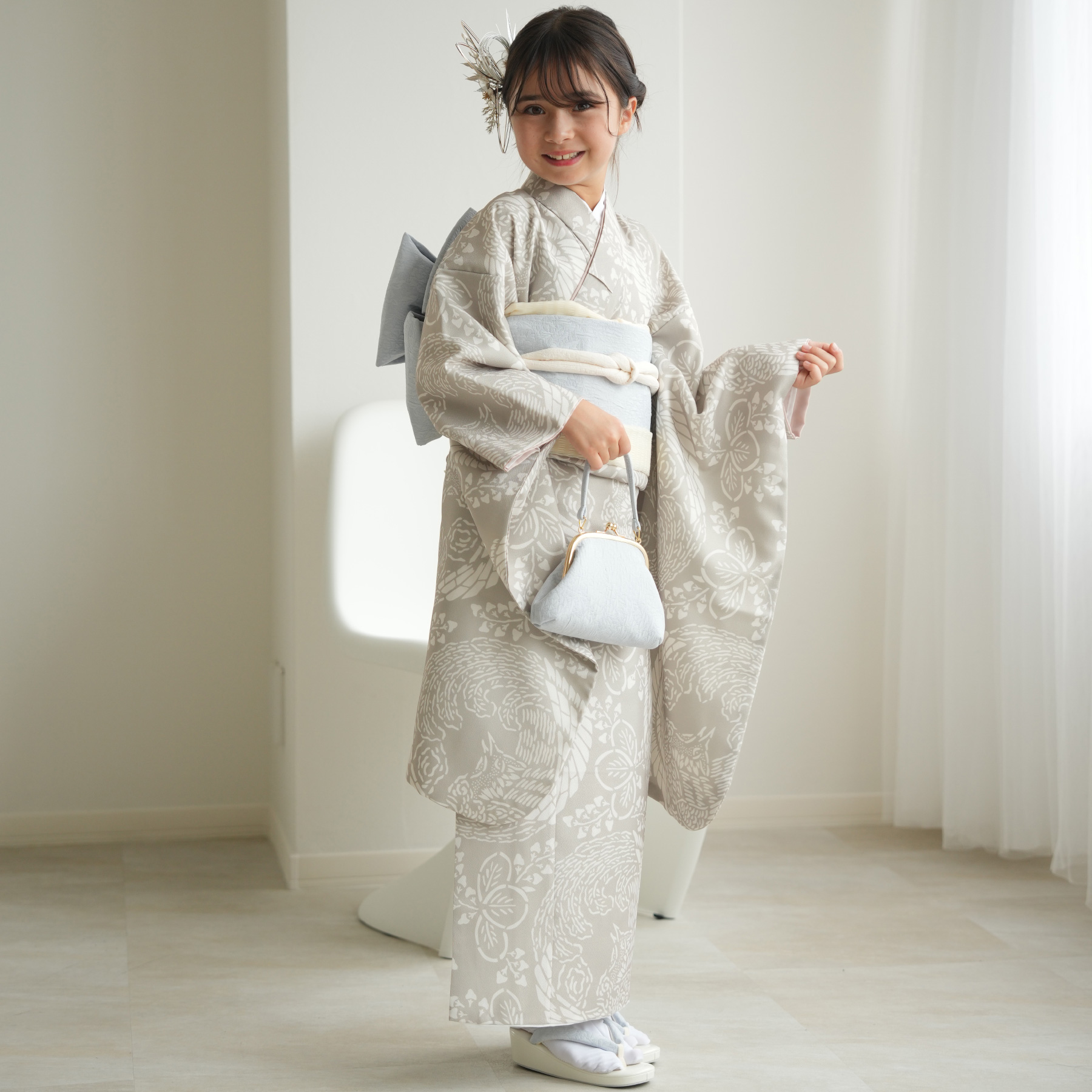 レンタル 10歳 振袖セット 女の子 ひよこ商店 灰緑鳳凰 ハーフ成人式