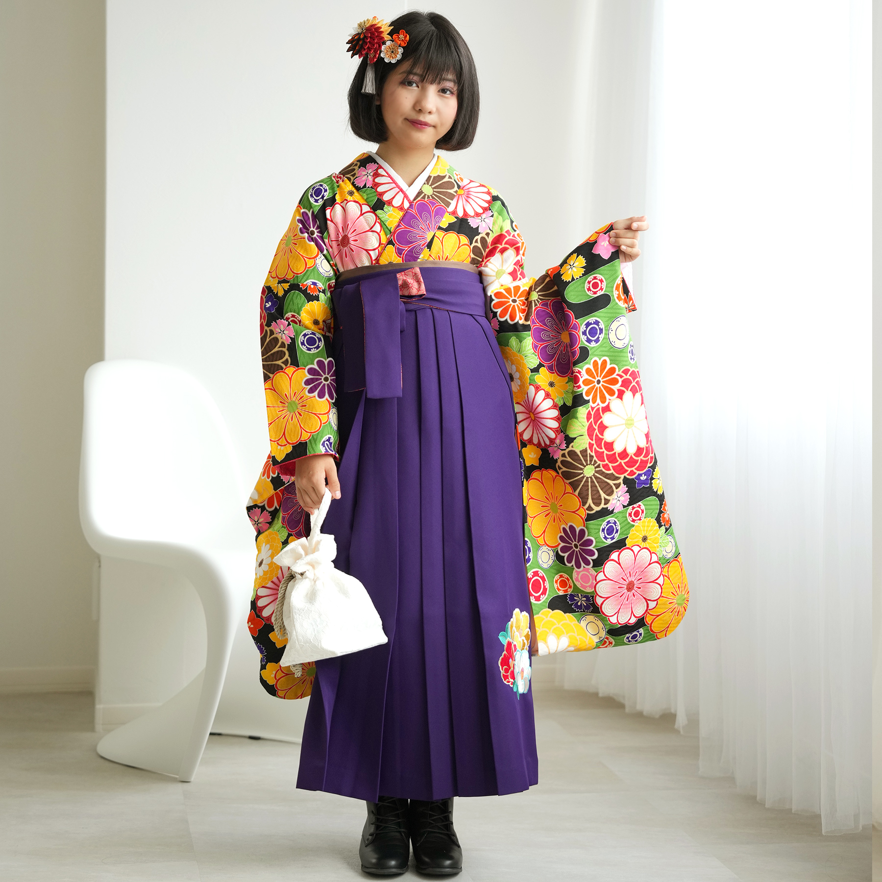 袴 レンタル 小学生 2尺袖着物 15点セット レトロ モダン 袴セット