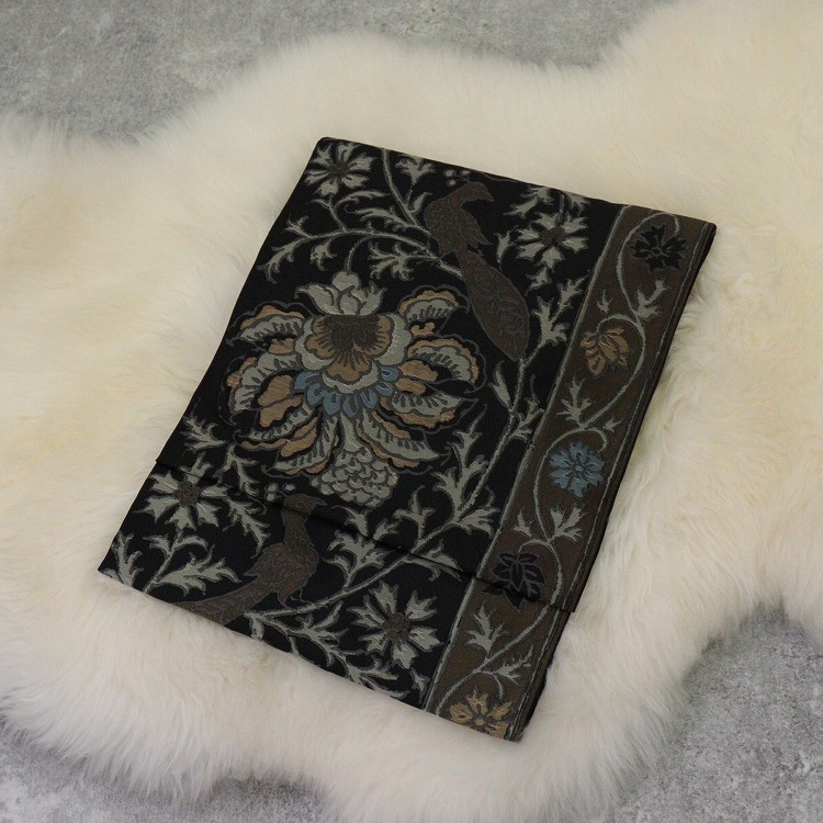 反物 帯 花柄 黒系 袋帯 西陣織 唐花 鳥 シック 大人 上品 フォーマル