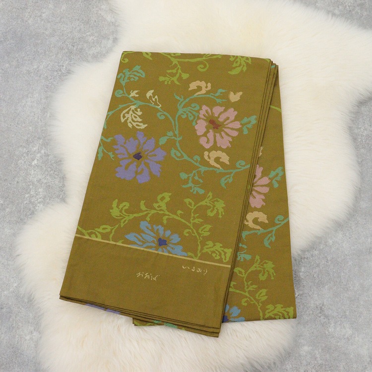 反物 帯 おおば 花 からし系 錆萌黄 緑 ラベンダー ピンク 真綿紬袋帯