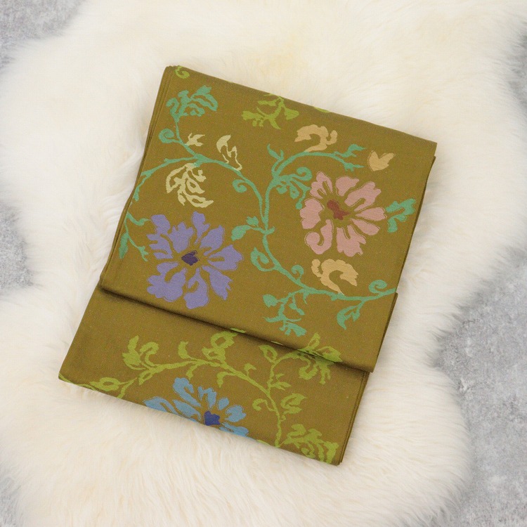 反物 帯 おおば 花 からし系 錆萌黄 緑 ラベンダー ピンク 真綿紬袋帯