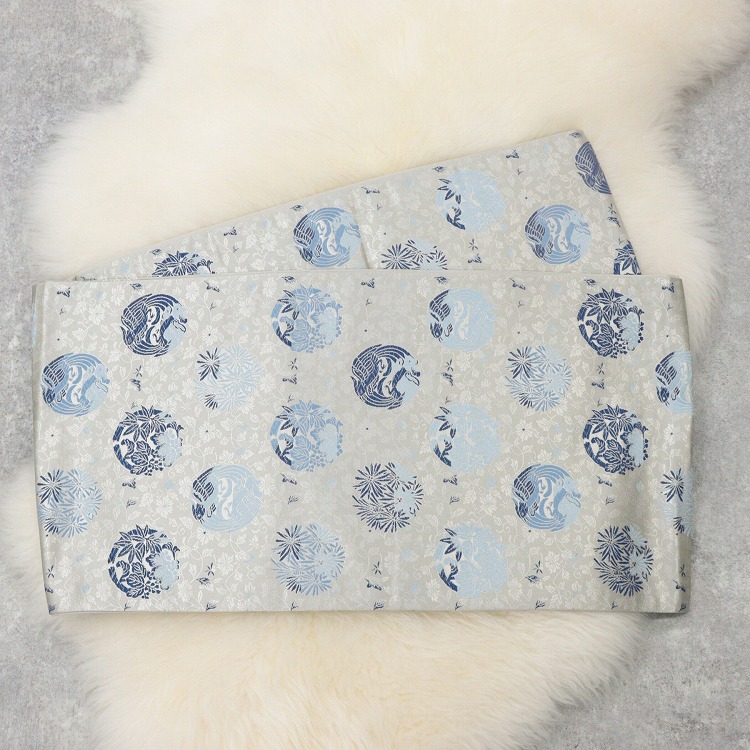 反物 帯 陰山織物 花 グレー系 グレージュ 藍色 青 ブルーグレー 阿波