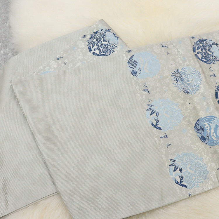 反物 帯 陰山織物 花 グレー系 グレージュ 藍色 青 ブルーグレー 阿波