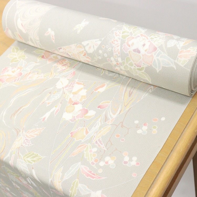 最終値下げ！着物 小紋 正絹 シルク ベージュ 花柄 反物 未仕立て Prices down2】正絹小紋着尺「イエローベージュ段ぼかし 葡萄