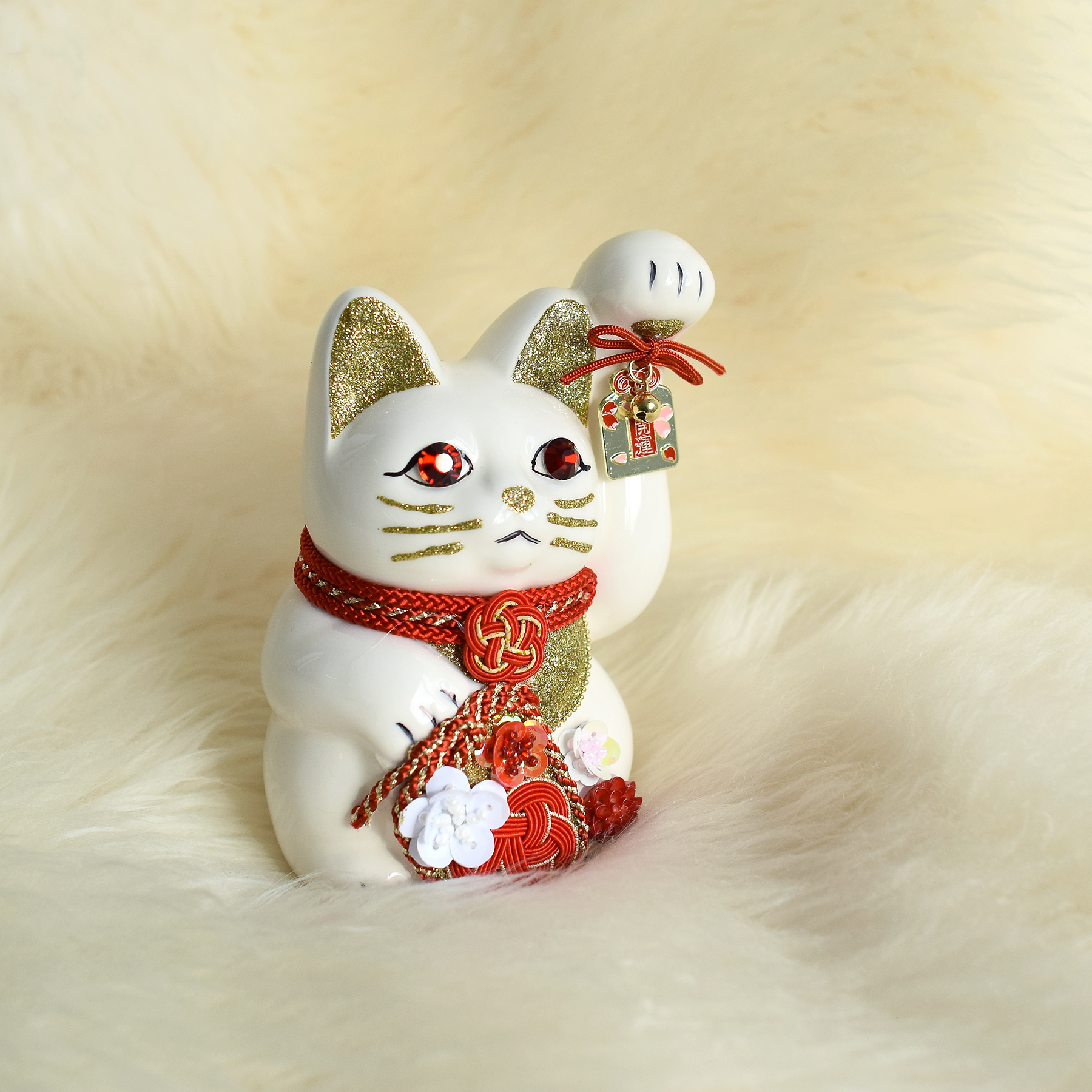 招き猫 置物 おしゃれ ニコアンティーク×ご縁猫 梅（うめ） 4号 白