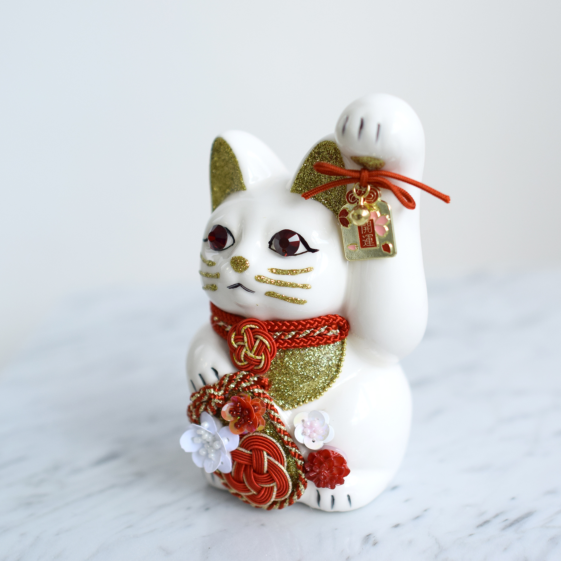 招き猫 置物 おしゃれ ニコアンティーク×ご縁猫 梅（うめ） 4号 白