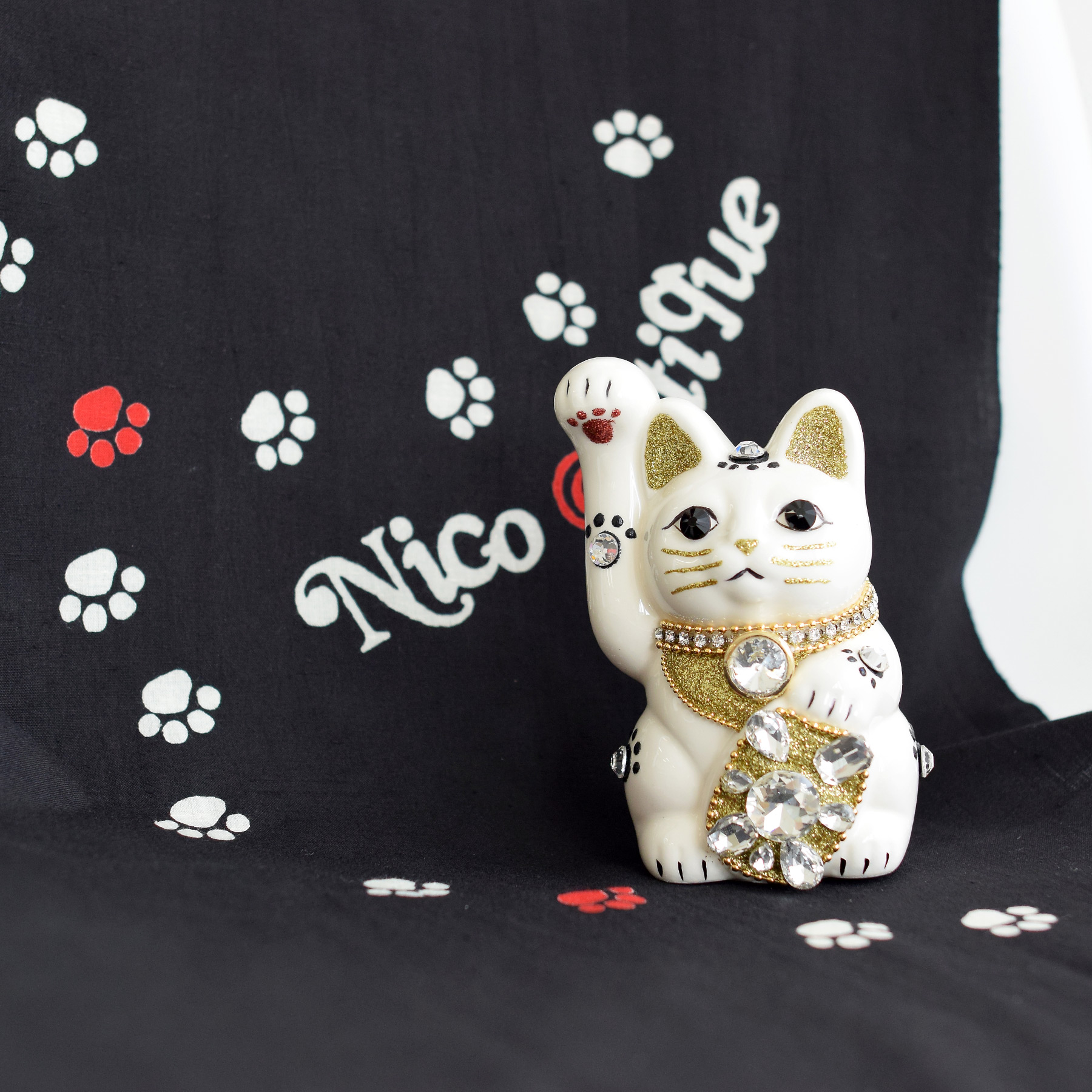 招き猫 置物 おしゃれ ニコアンティーク×ご縁猫 ねこ球太郎 手ぬぐい 2