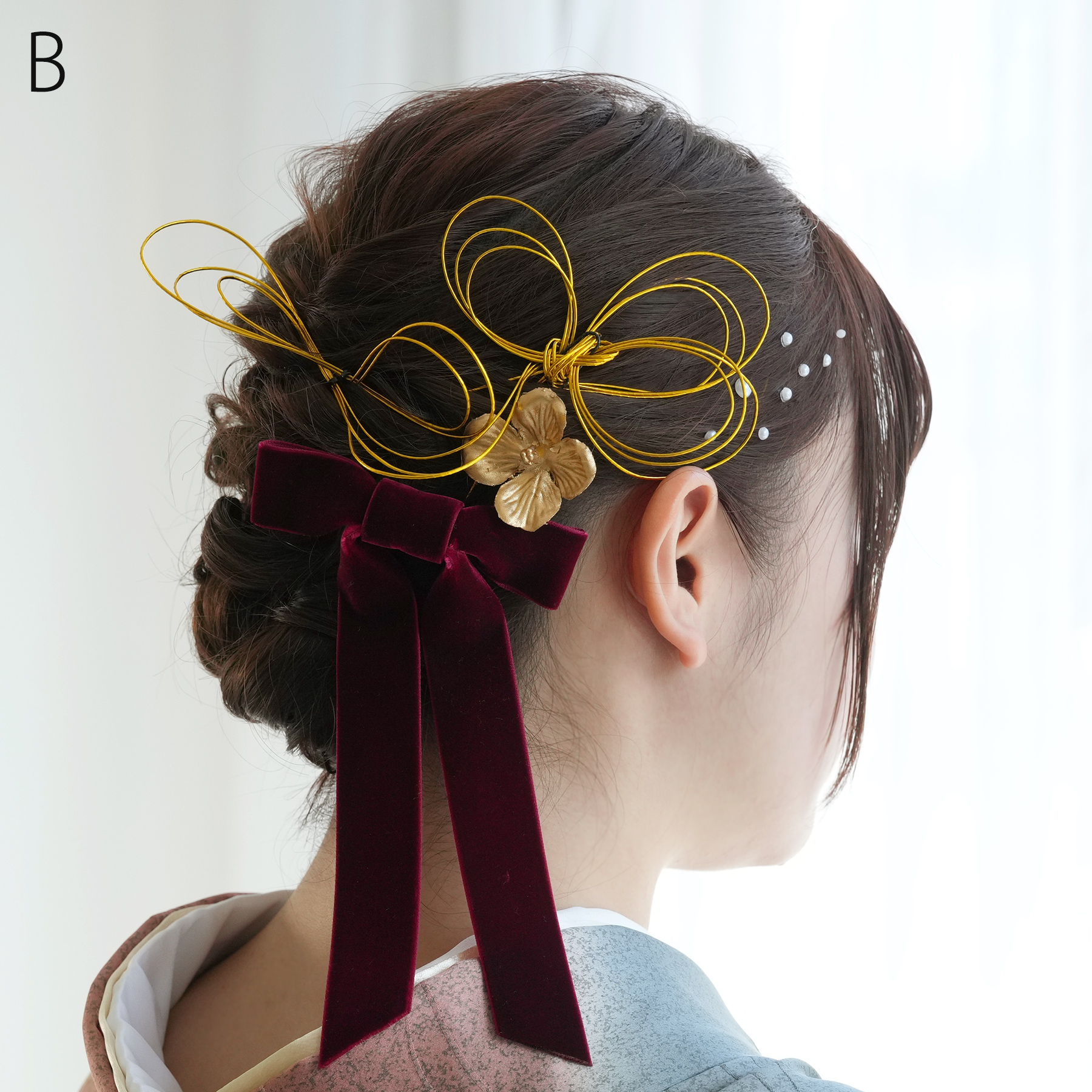 髪飾り ベルベットリボン 水引 パール ゴールドアクセ 6点セット ヘア