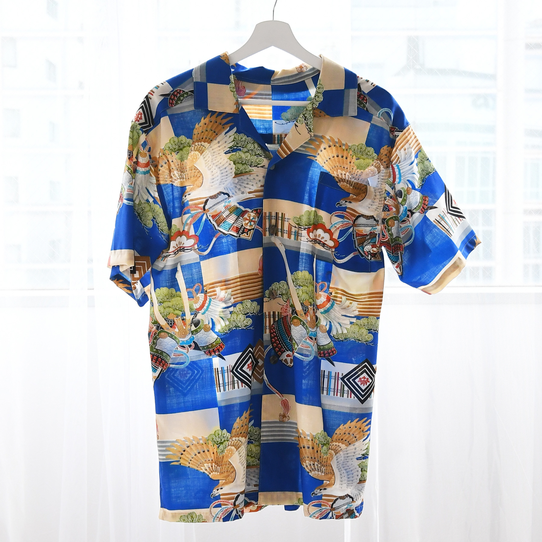 着物リメイク シャツ ブラウス レディース maison utatane  No.BL03 蒼を纏う兜鷹 一点物 ウール 日本製 青 11号 Lサイズ相当の画像