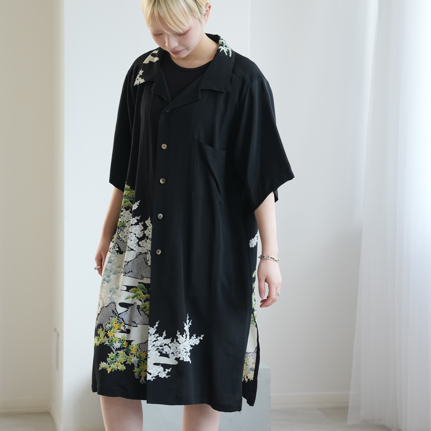 着物リメイク シャツ ブラウス レディース メンズ ユニセックス ロングシャツ maison utatane  No.BL05 風を纏う翠 一点物 正絹 日本製 3Lサイズ 黒の画像