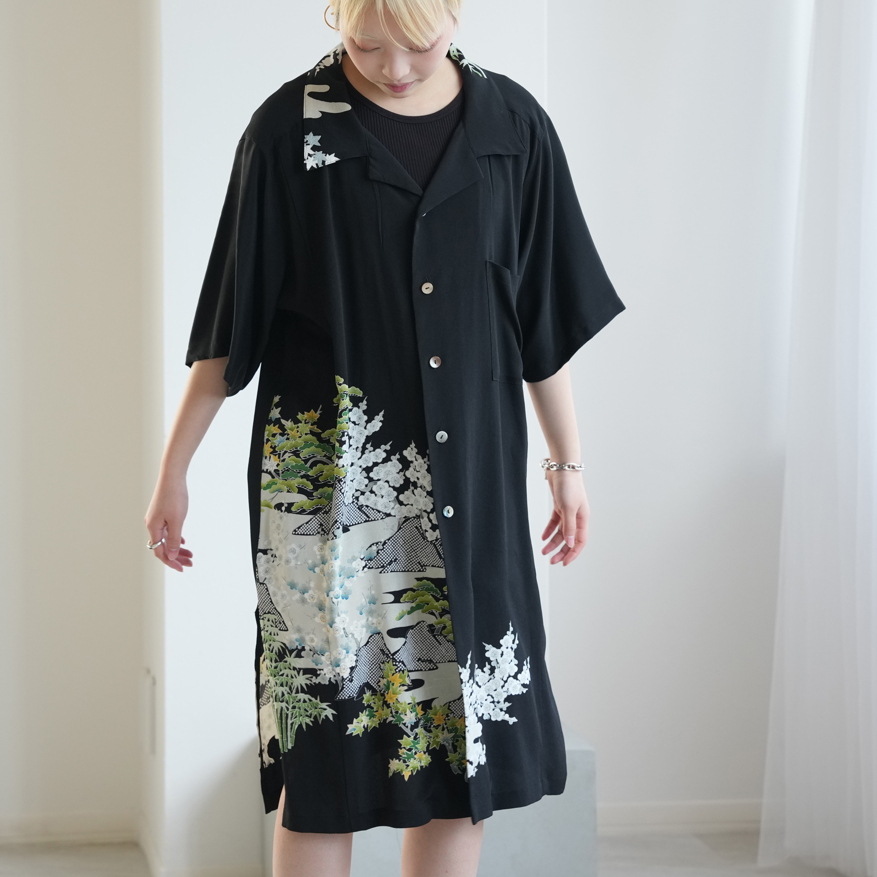 着物リメイク シャツ ブラウス レディース メンズ ユニセックス ロングシャツ maison utatane  No.BL05 風を纏う翠 一点物 正絹 日本製 3Lサイズ 黒の画像