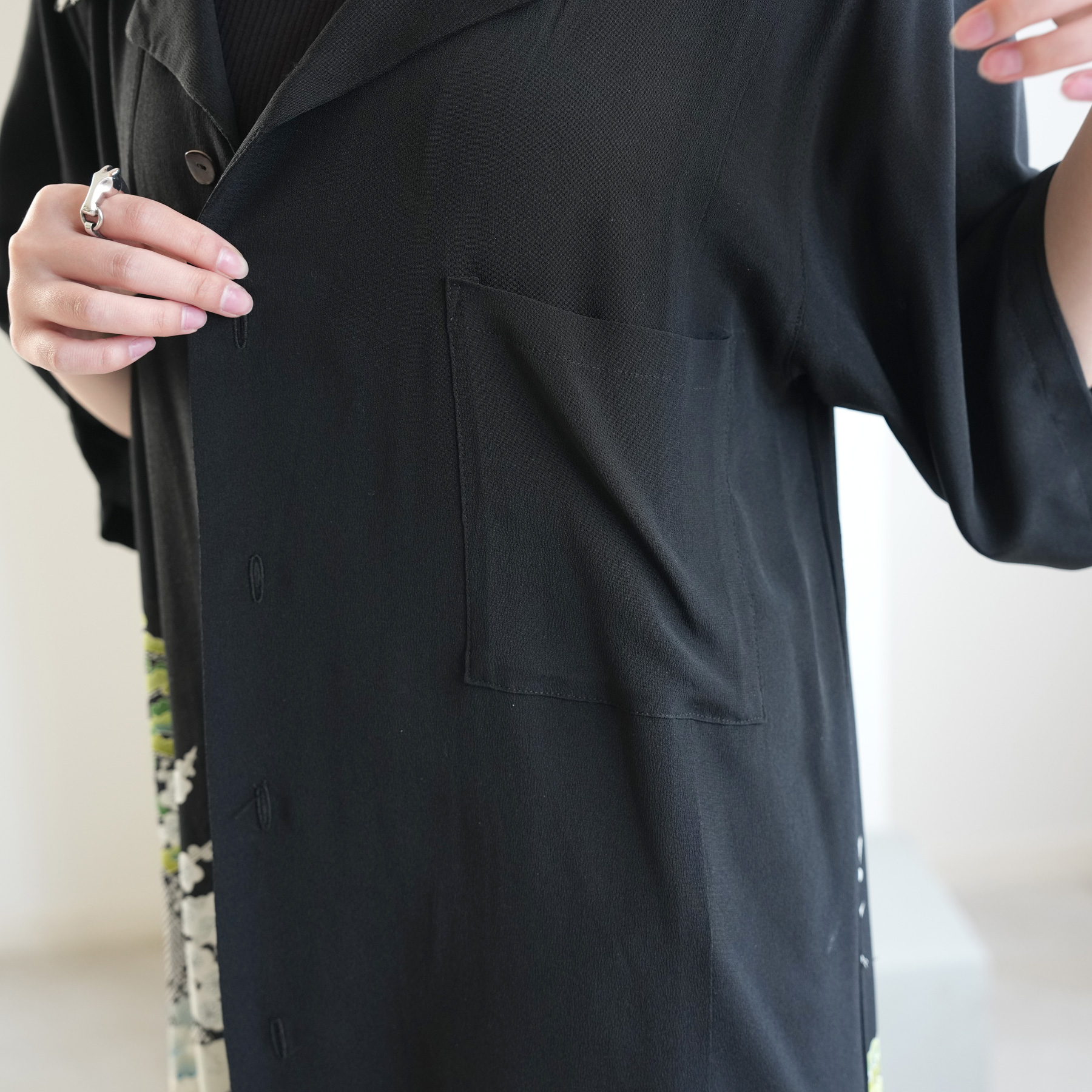 着物リメイク シャツ ブラウス レディース メンズ ユニセックス ロングシャツ maison utatane  No.BL05 風を纏う翠 一点物 正絹 日本製 3Lサイズ 黒の画像