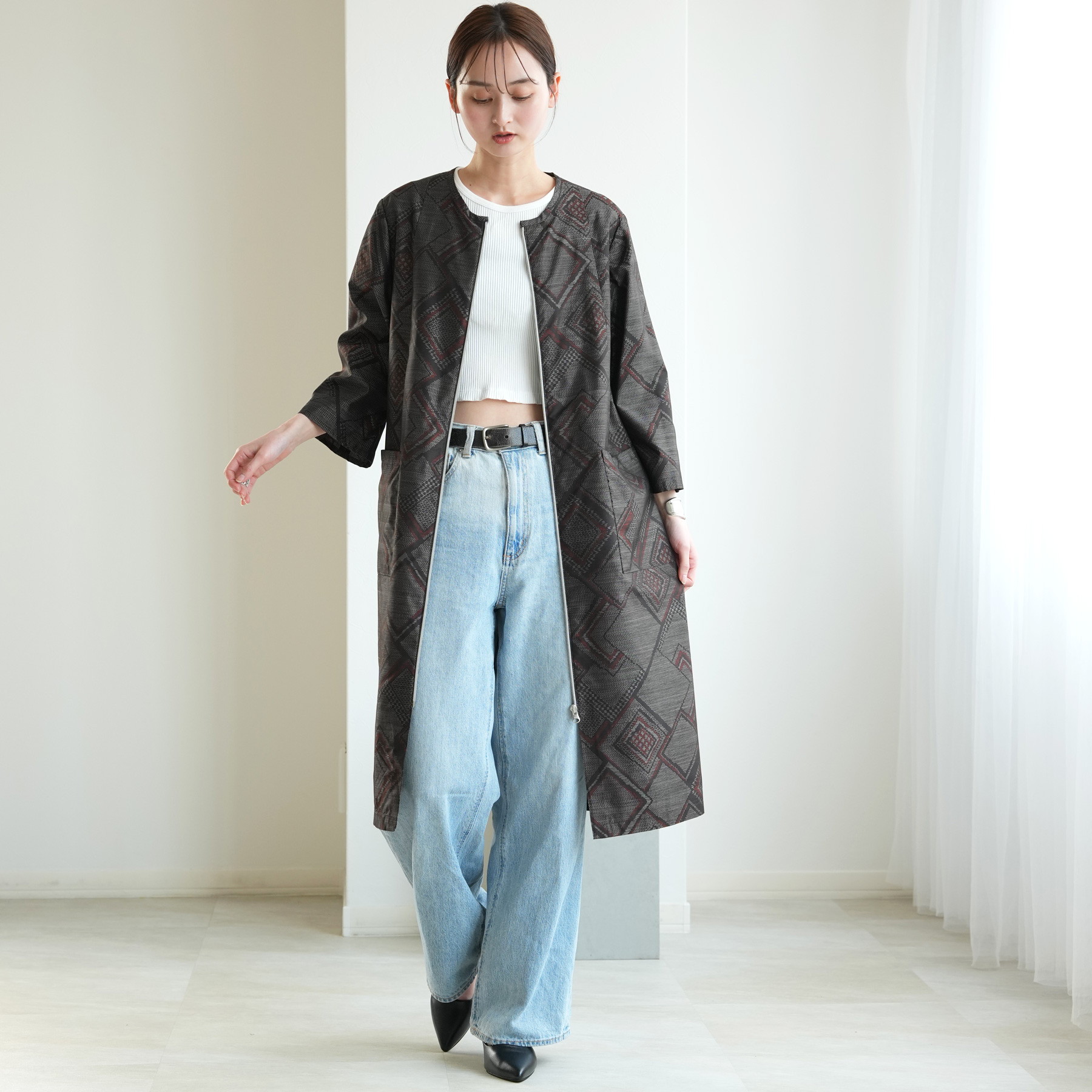 着物リメイク maison utatane｜No.CT02｜幾何学の夜香 一点物｜正絹｜日本製 はおり ロング フリーサイズの画像
