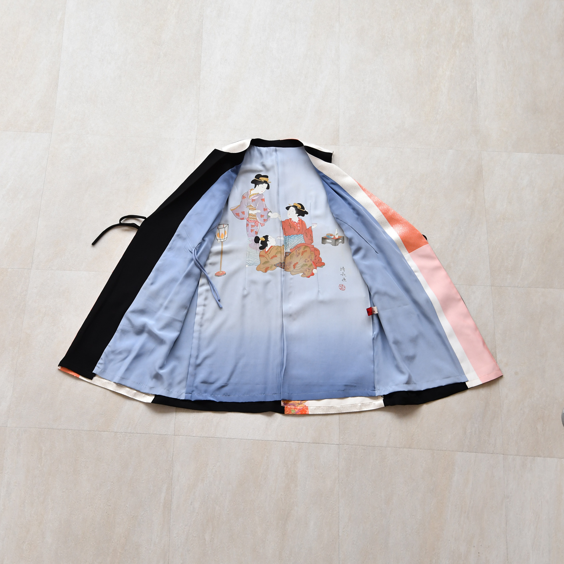 着物リメイク ジレ ロングジレ ベスト maison utatane No.JS15 粋の裏舞台 一点物 正絹 日本製 フリーサイズ 黒の画像