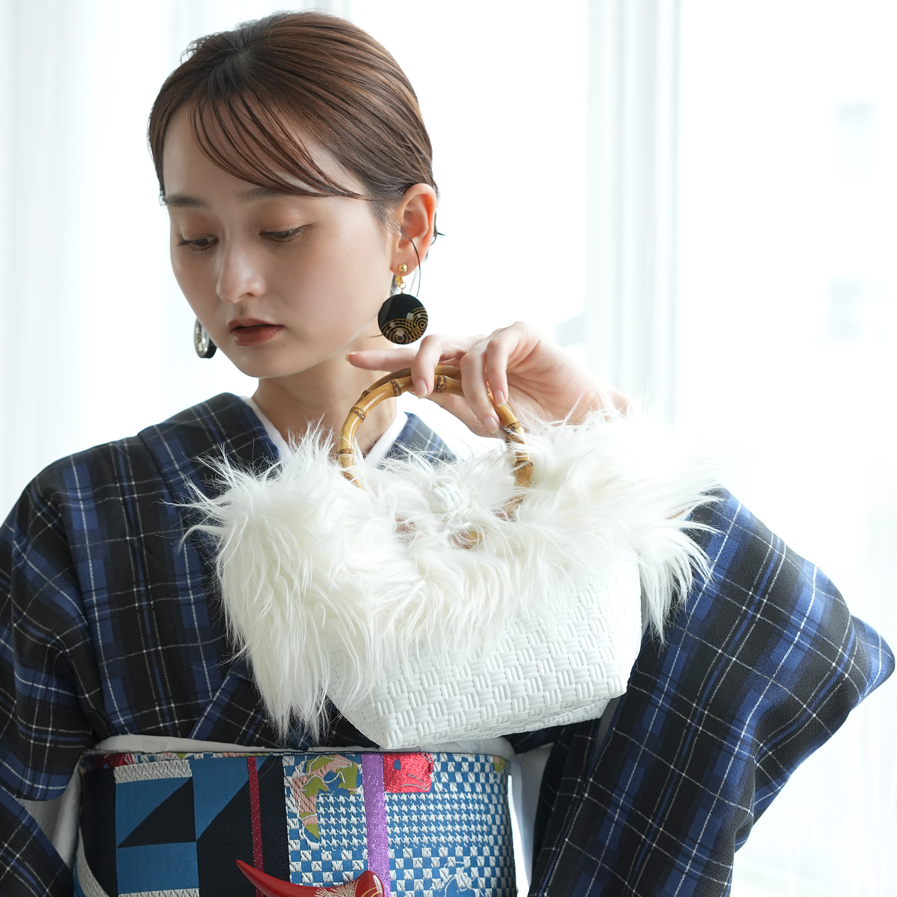 ファー付ミニトートバッグ バンブーリングハンドル×プレミアム