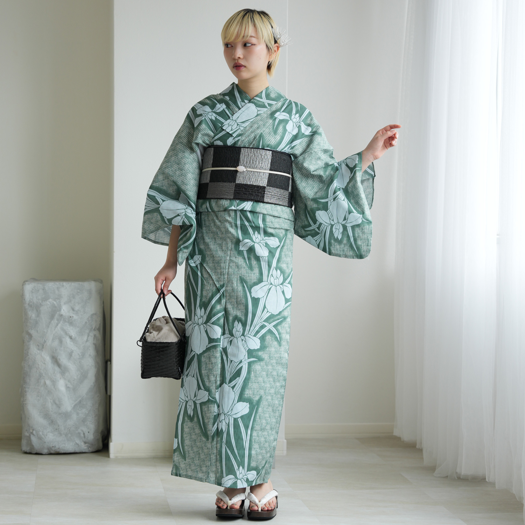 utatane 浴衣 単品 レディース 高級変わり織 翡翠に菖蒲 フリーサイズ