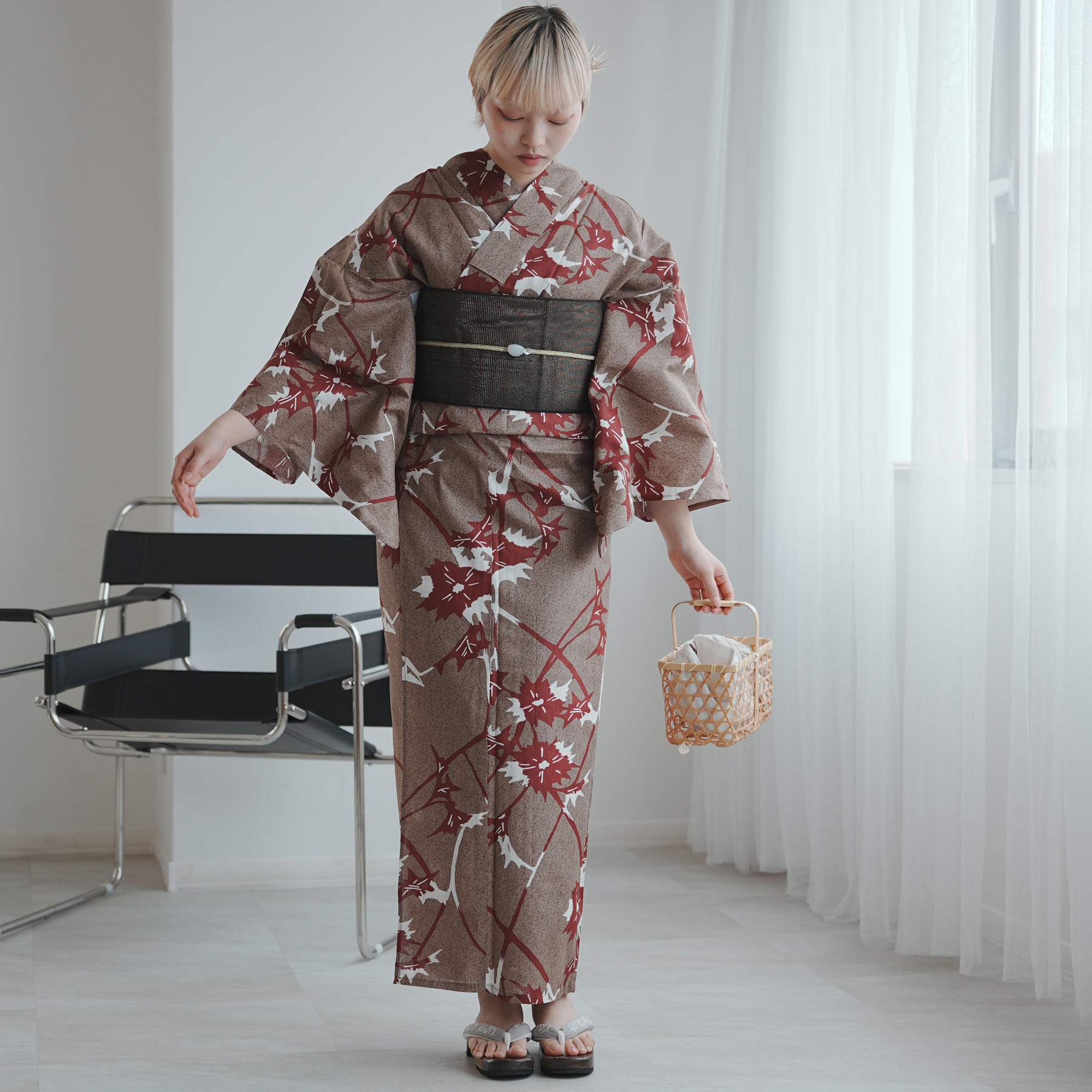 utatane 浴衣 単品 レディース Sサイズ 高級変わり織 ココアと赤茶の