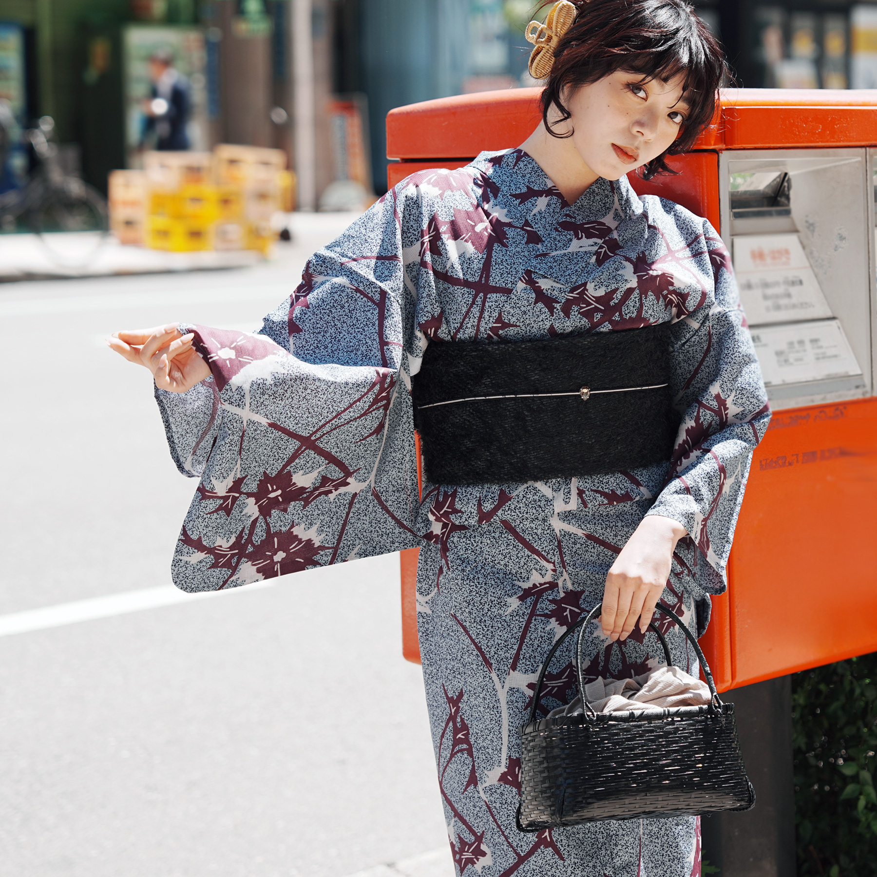 utatane 浴衣 単品 レディース 高級変わり織 ブルーと紫のあざみ砂嵐