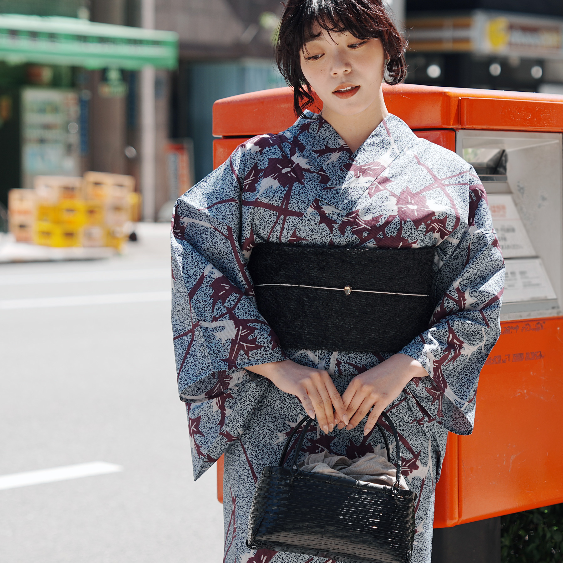 utatane 浴衣 単品 レディース 高級変わり織 ブルーと紫のあざみ砂嵐