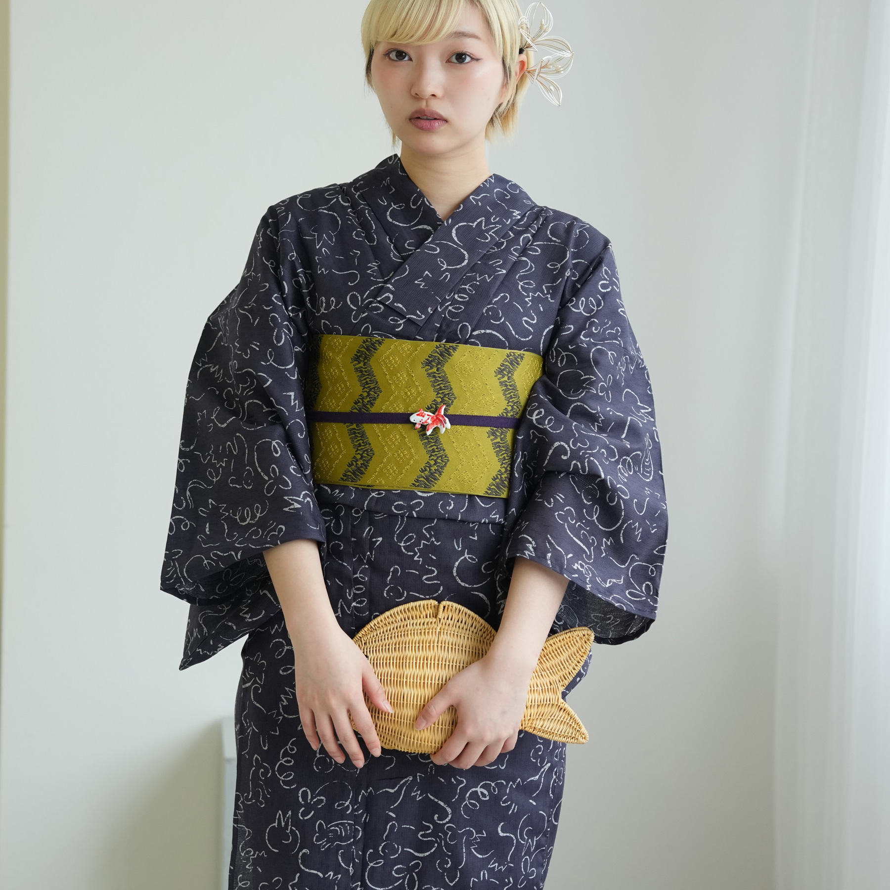 浴衣 単品 レディース Lサイズ ニコアンティーク 高級変わり織 紺地に