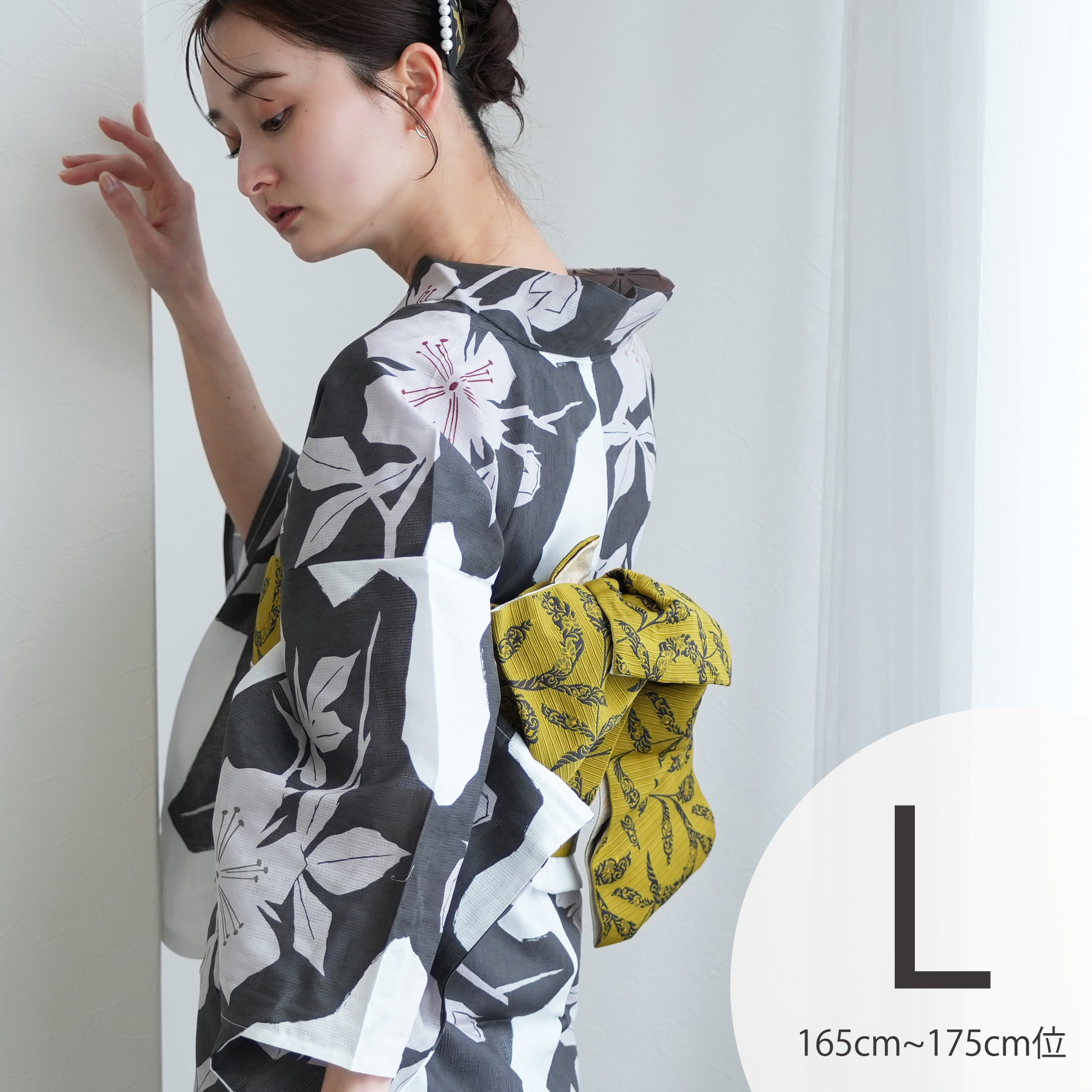 utatane 浴衣 単品 レディース 高級変わり織 白地に墨色の花切り絵 L