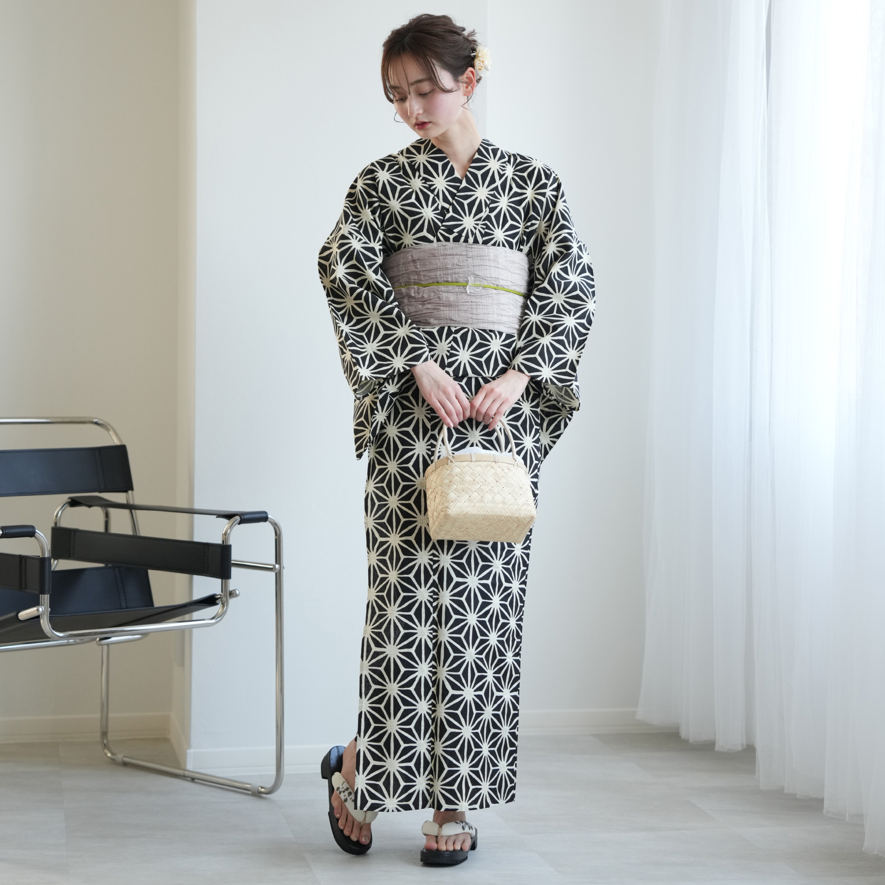utatane 浴衣 レディース セット 綿麻 浴衣3点セット 先染めベージュ