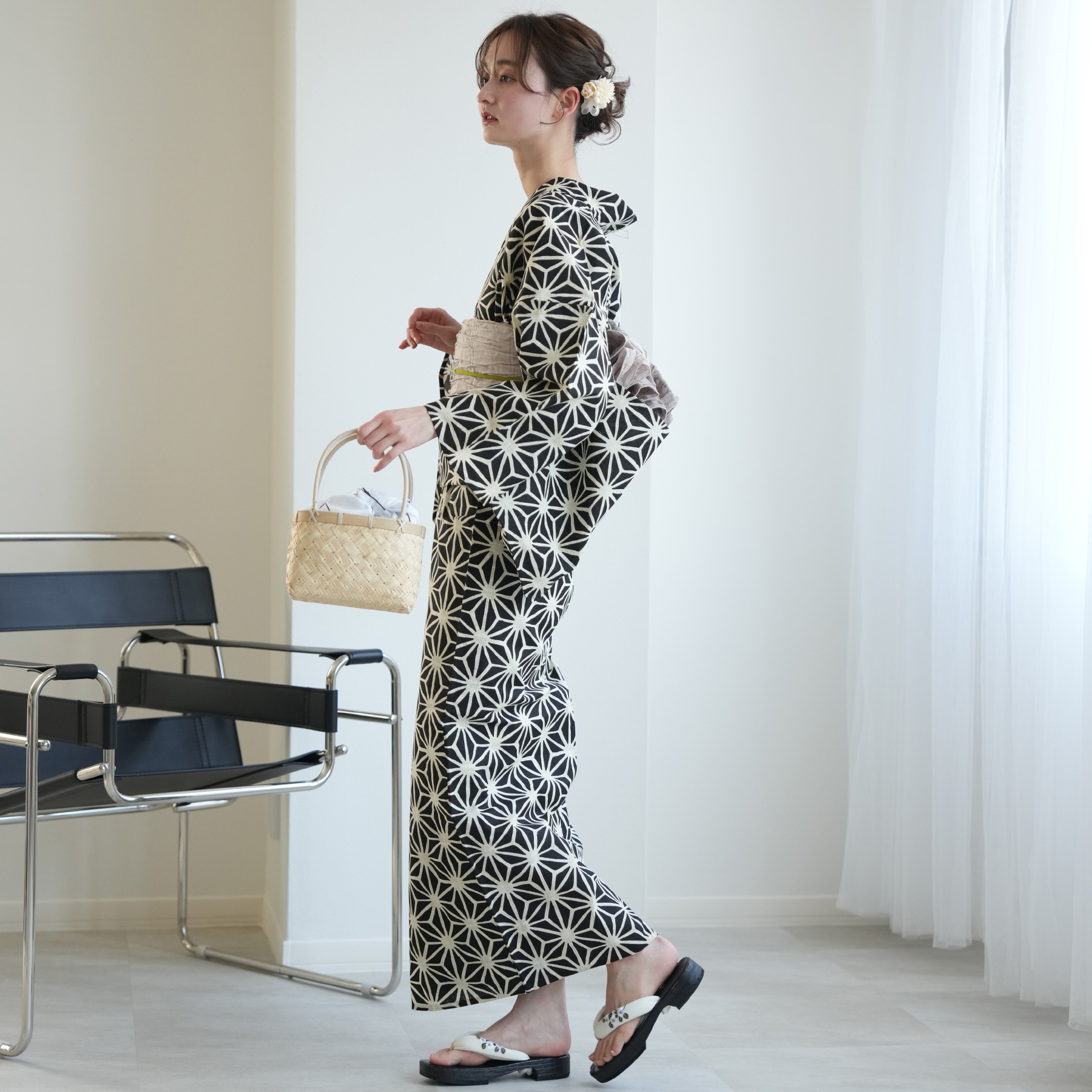 utatane 浴衣 レディース セット 綿麻 浴衣3点セット 先染めベージュ